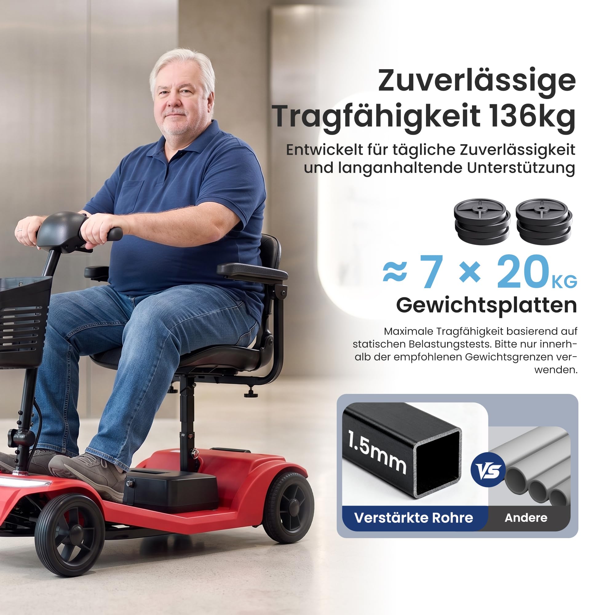 Elektromobil​ Seniorenmobil​– rollstuhl elektrisch faltbar, 4 Räder Faltbare 15 KM-20KM Reichweite, LED-Sicherheitsbeleuchtung,USB Port,Bis 136 KG Belastung,elektroroller mit sitz Rot
