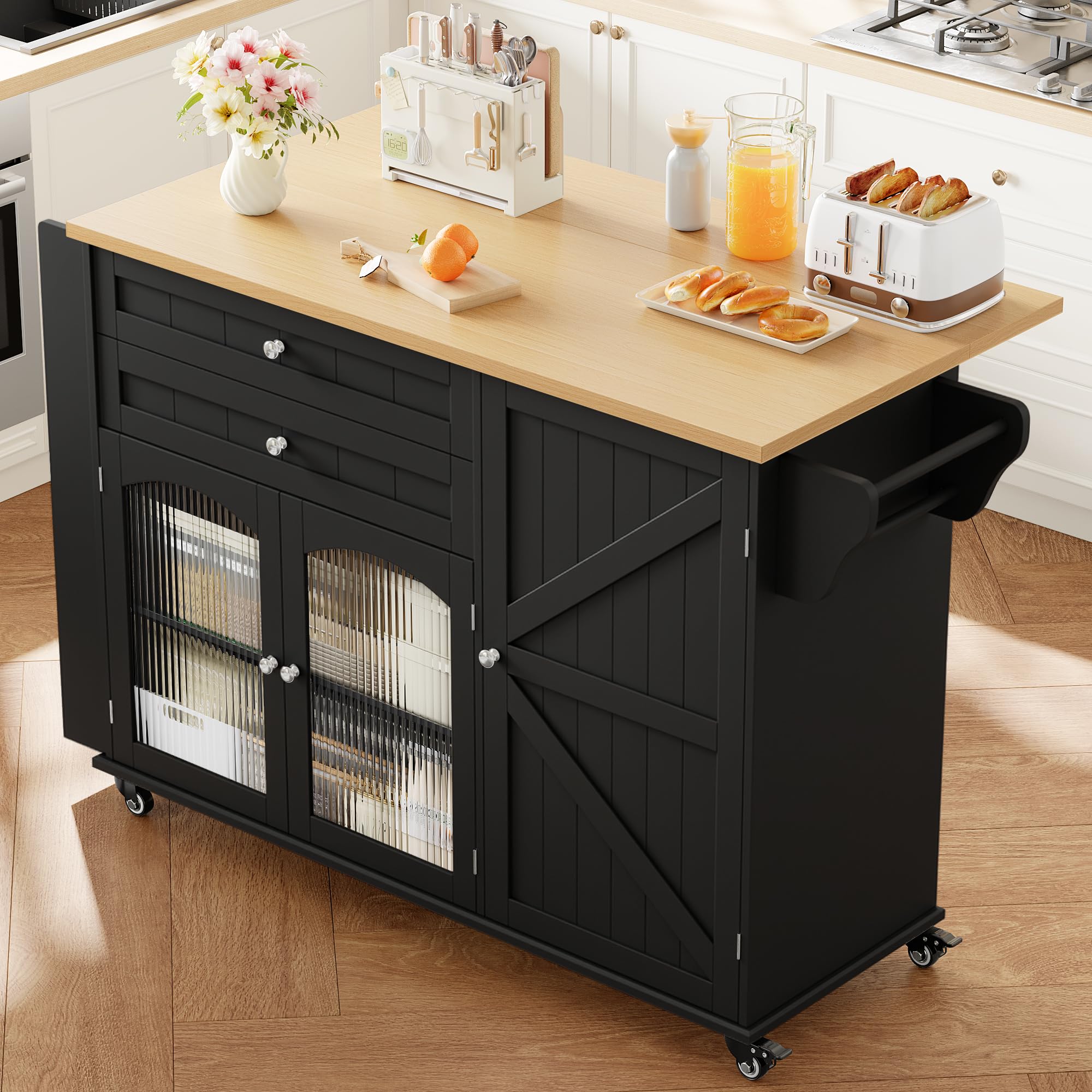 FirFurd Isola Cucina con Piano di Lavoro Pieghevole 132x40x97,5 cm Nero