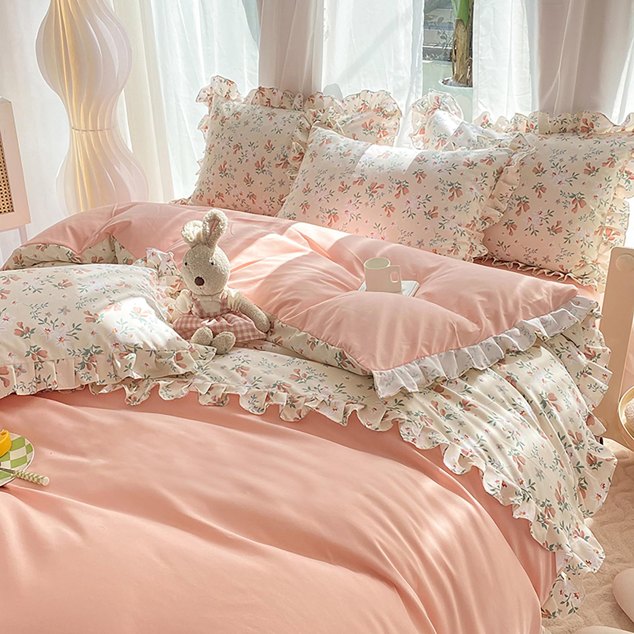 GETIYA Romantisch Rüschen Bettwäsche 135x200 4Teilig Rosa Blumen Bettwäsche Mädchen Damen Blümchen Bettbezug mit Rüschen Weich Mikrofaser Bettwaesche Rosa mit 2 Reißverschluss Kissenbezug 80x80