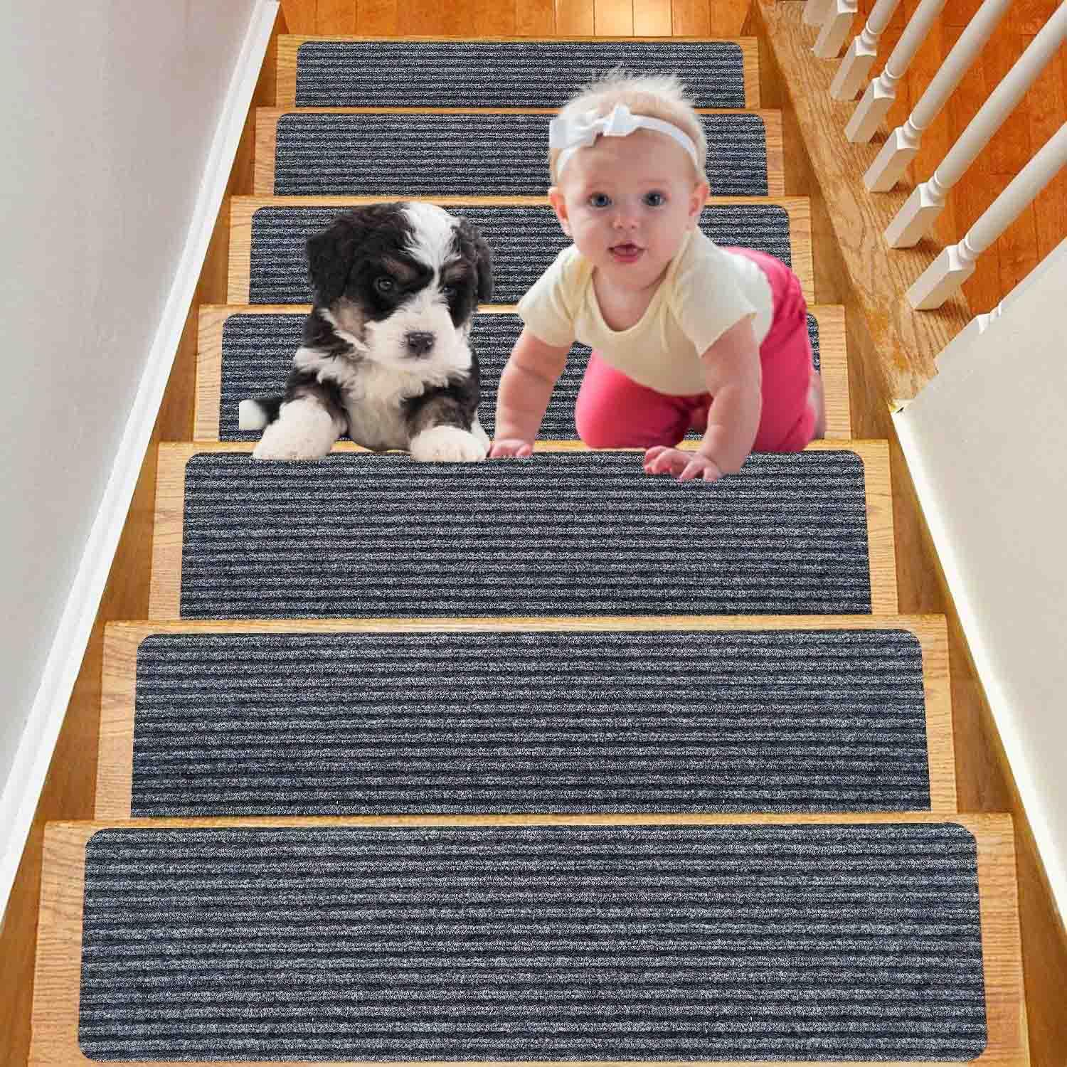 15 Pezzi Tappetini per Gradini, Tappetino per Scale Autoadesivo Antiscivolo per Interni, Tappetino per Scale per Bambini, Anziani e Animali Domestici, 60x20cm (Grigio Scuro)