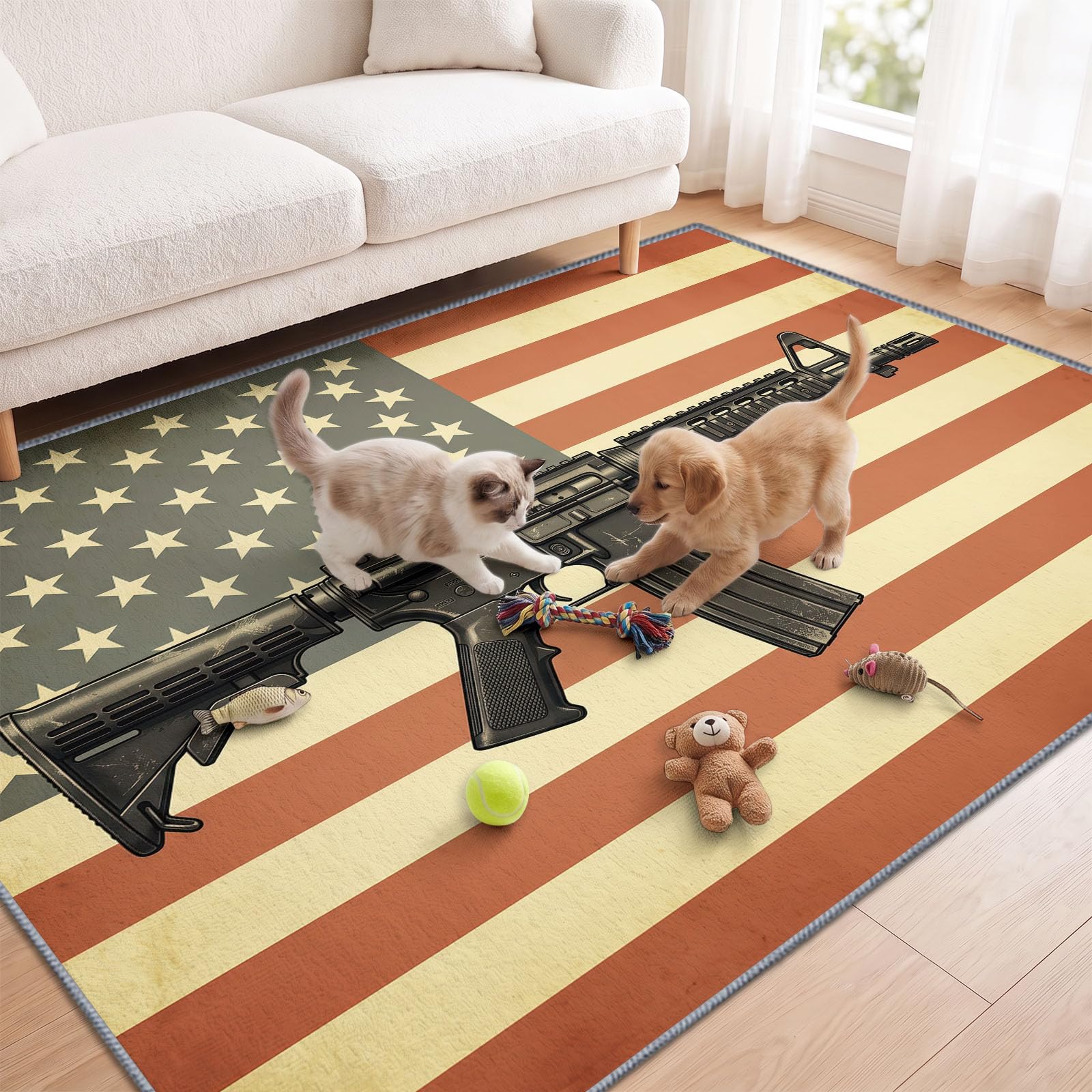Drapeau Étoilé Fusil Assaut Moderne Tapis Salon Antidérapant 180x240cm