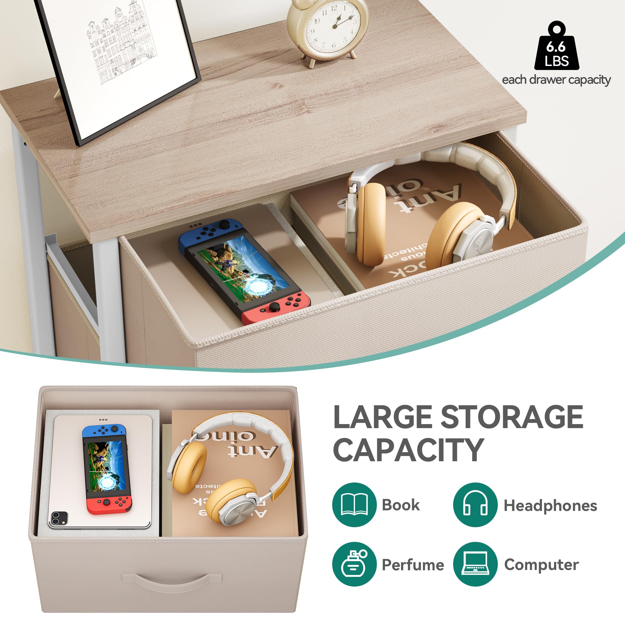 YITAHOME Cassettiera in tessuto con 4 cassetti,Struttura in Metallo, Cassettiera Salvaspazio Camera da Letto,Bianco Crema