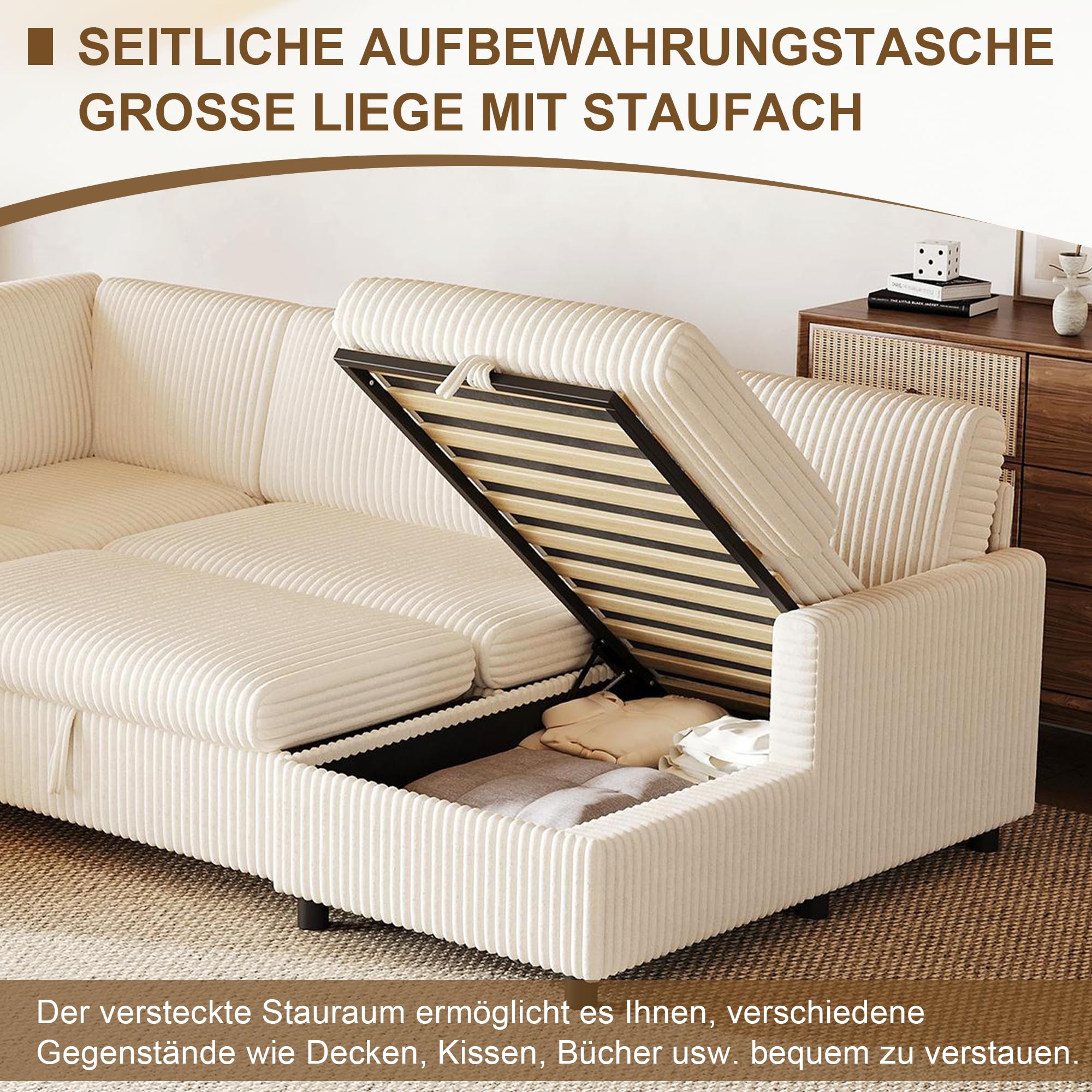 Sofá cama esquinero moderno en forma de L de 274 cm con función de dormir, sofá cama extensible, tela de pana gruesa, chaise longue con espacio de almacenamiento (beige)
