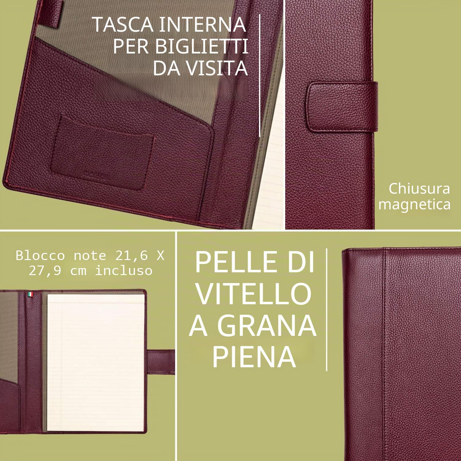 Portadocumenti in 100% Vera Pelle Pieno Fiore Martellata - Fatto a Mano in Italia da Esperti Artigiani - Spazioso e Sicuro, Perfetto per Riunioni e Lezioni - con Chiusura Magnetica - Vinaccia