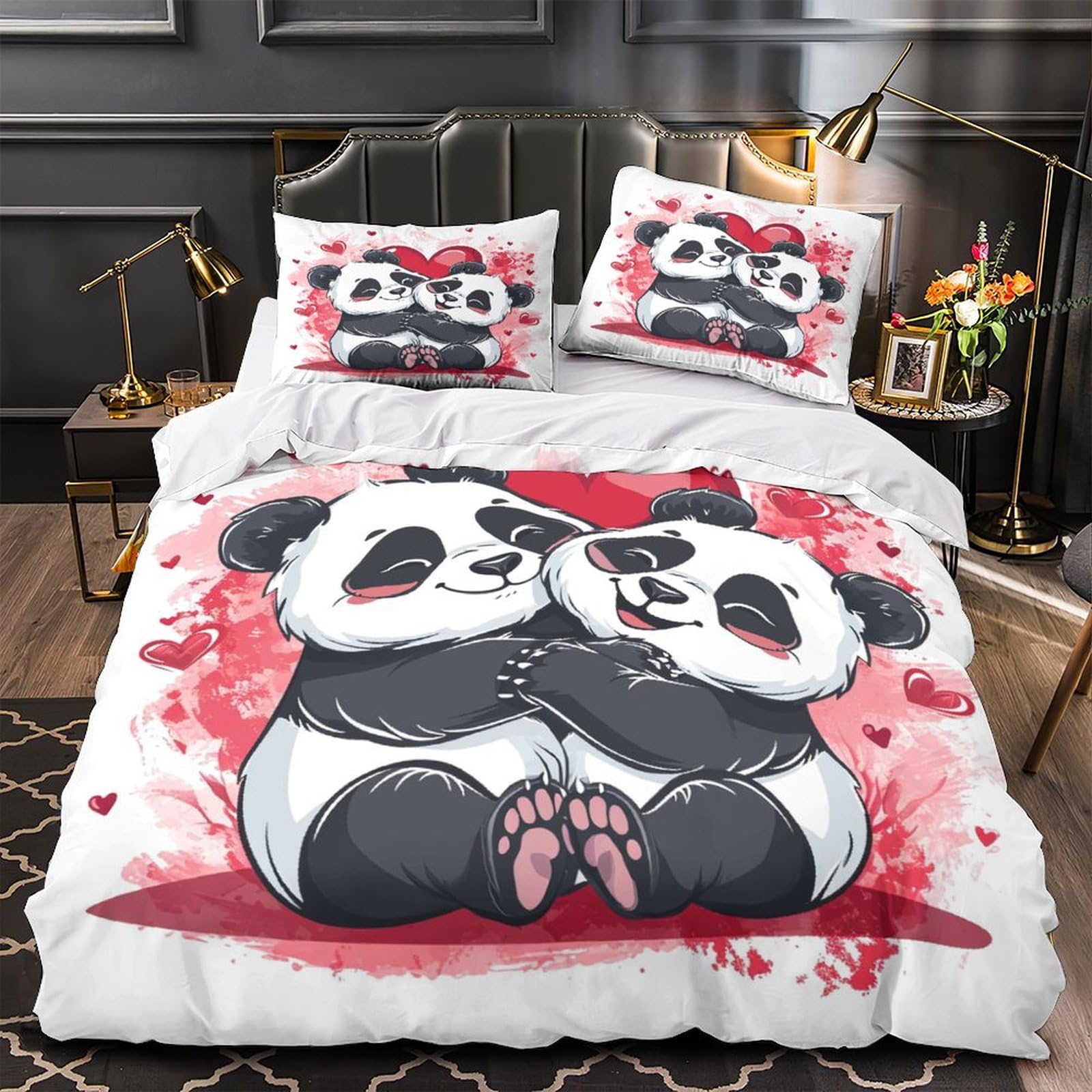 Pärchen Pandas 3D-Gedruckter Bettwäsche-Set Mit Bettbezug-Set Bedruckt Für Kinder Teenager ErwachseneTagesdecke Bezug Mit Weich Leicht Panda-Geschenk Duvet Cover 3-Piece König（220x240cm）