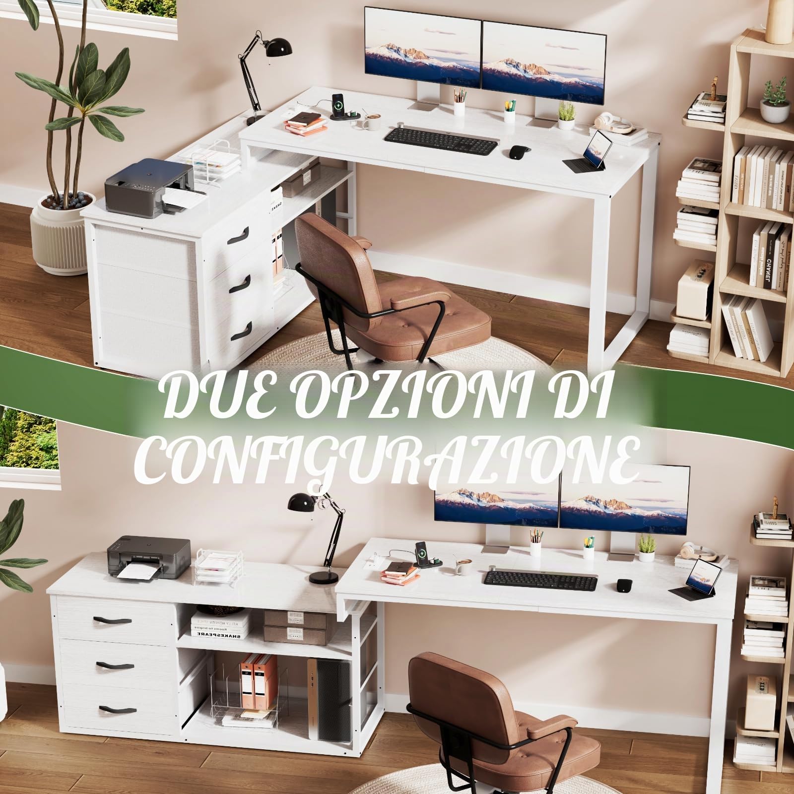 JUMMICO Scrivania angolare con 3 cassetti, scrivania reversibile a forma di L, 140 x 105 cm, con spazio aggiuntivo, scrivania da ufficio con presa di corrente, altezza divisoria regolabile, bianco