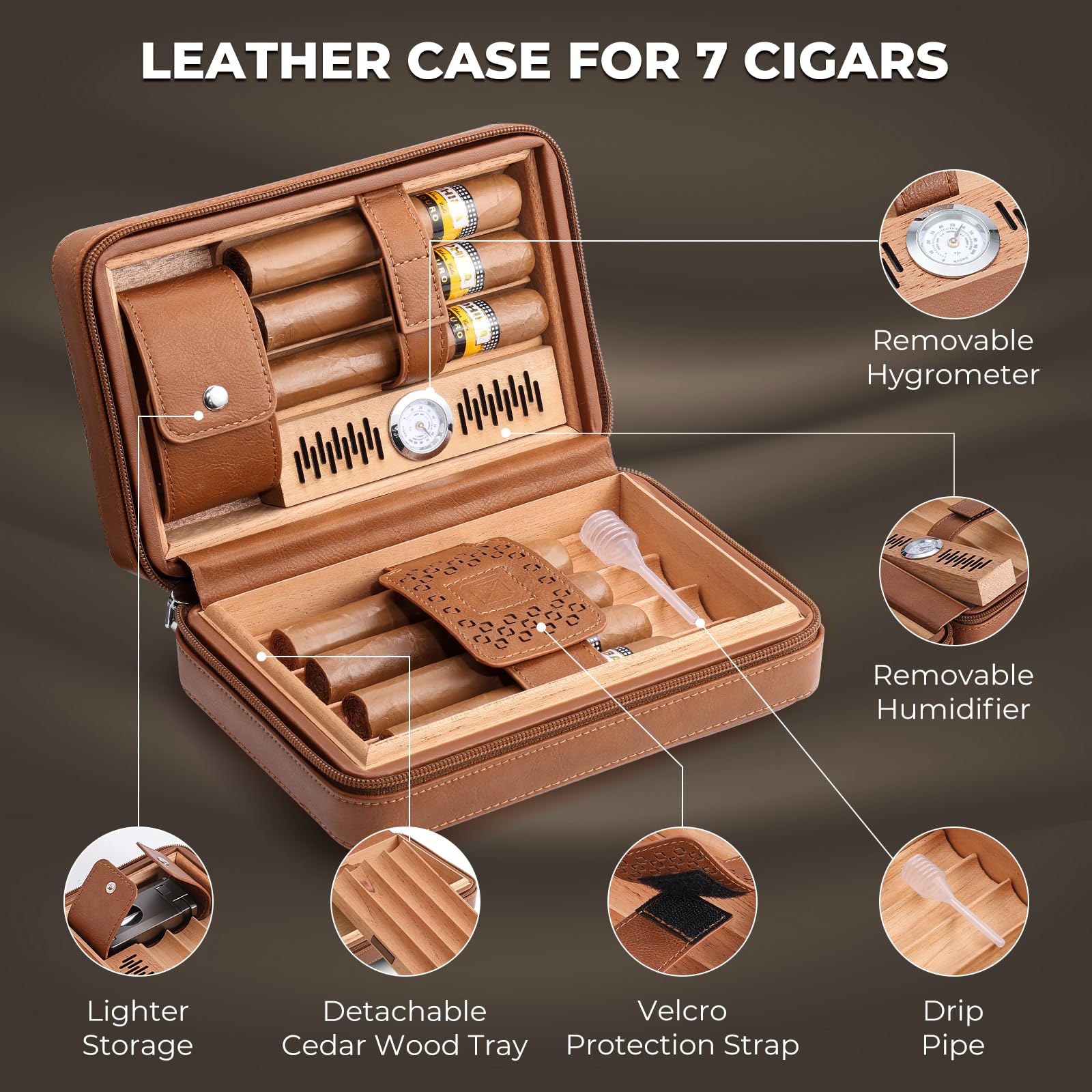 GLENCREAG Reise-Zigarrenetui aus Leder mit Zedernholzauskleidung, inklusive V-Cutter und Jetflammen-Feuerzeug, integriertem Hygrometer und Befeuchter, Samtbeutel, luftdichtes Design für 4 Zigarren