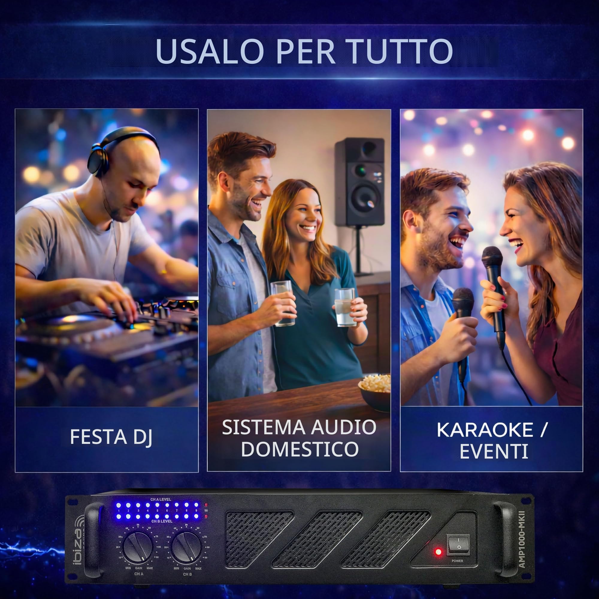Ibiza AMP1000-MKII Amplificatore PA professionale 2x800 W – Amplificatore di potenza stereo da 19” montabile su rack con ingressi RCA/Jack, uscite Speakon/morsettiera e protezioni elettroniche