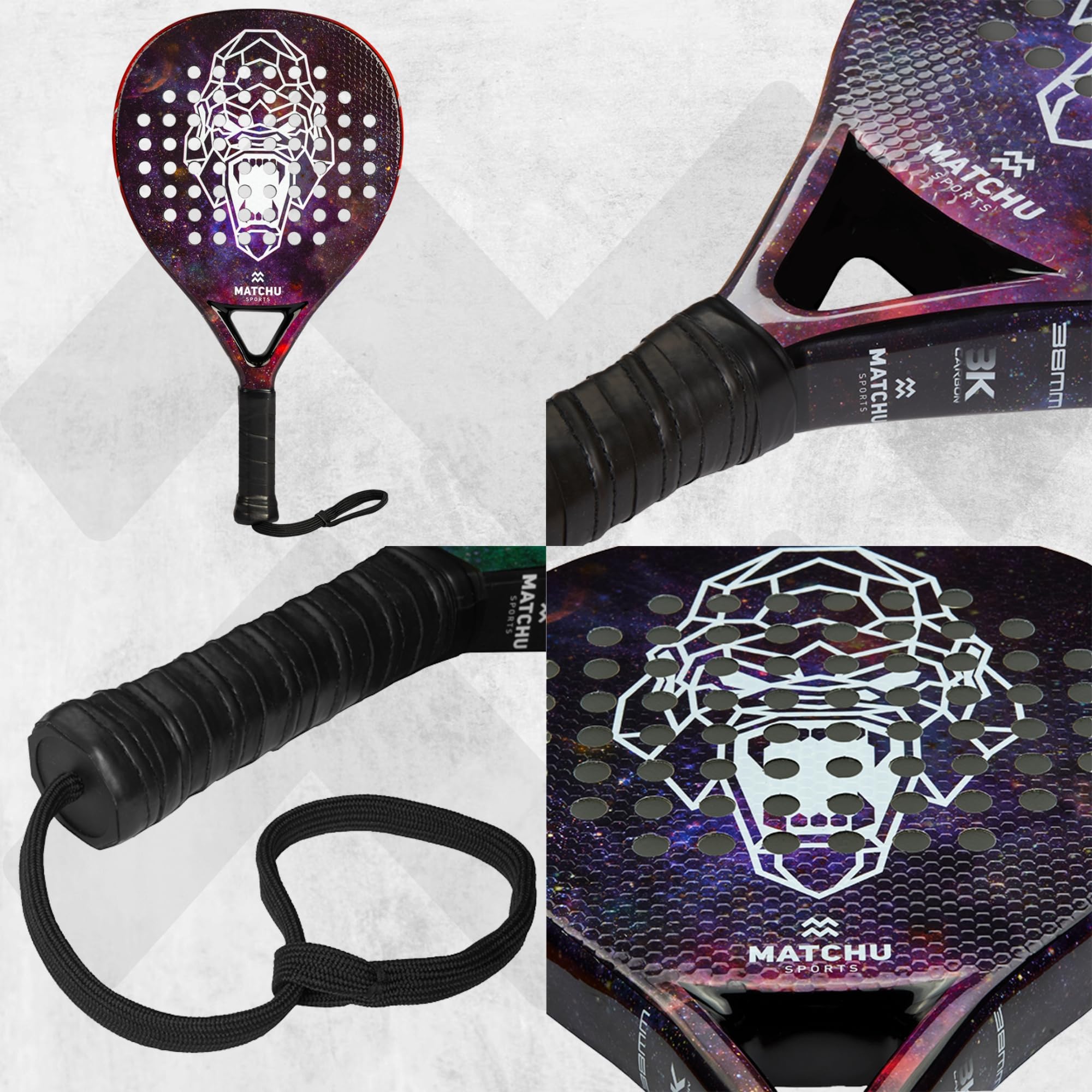 Matchu - Padel schläger - Inklusive Tragetasche - 100% (3K/18K) Carbon - Eva-Schaum - 3D-Grip Technology - 47x3,8 cm - 360 Gramm - Für Anfänger, Fortgeschrittene und Experten