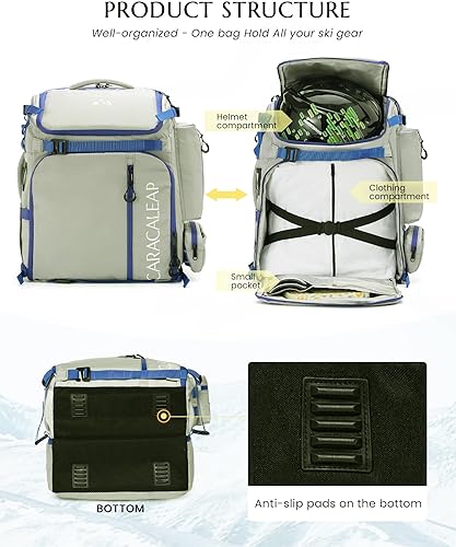 Miniatura 5 de Mochila para botas de esquí, 61 litros, totalmente acolchada, bolsa de equipo de esquí y snowboard, mochila de viaje para casco de esquí, gafas,