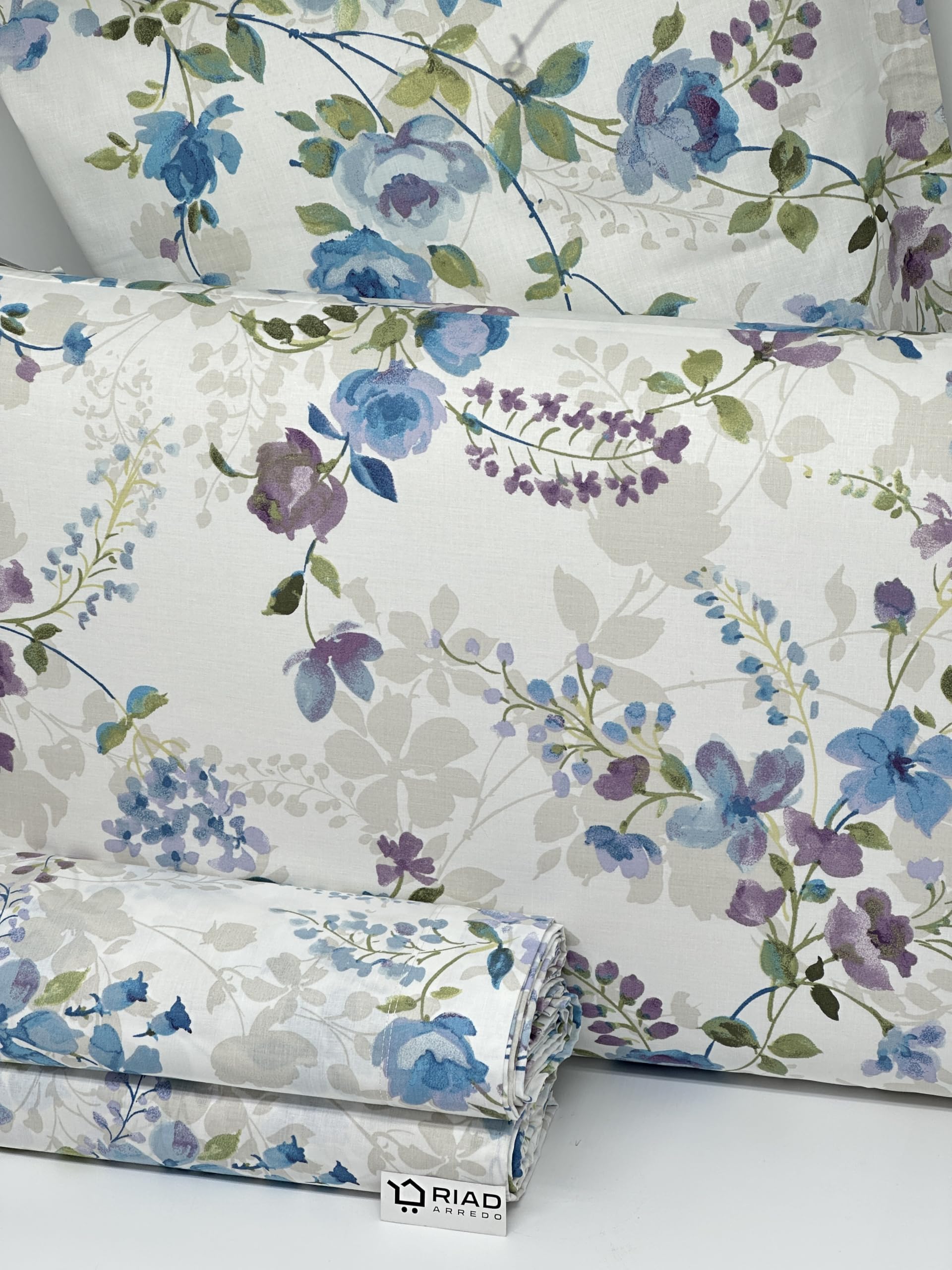 Riad Arredo Set Lenzuola Letto Matrimoniale 100% Cotone PERCALLE - Completo Letto Morbido in Prezioso Percalle (Ilaria Blue)