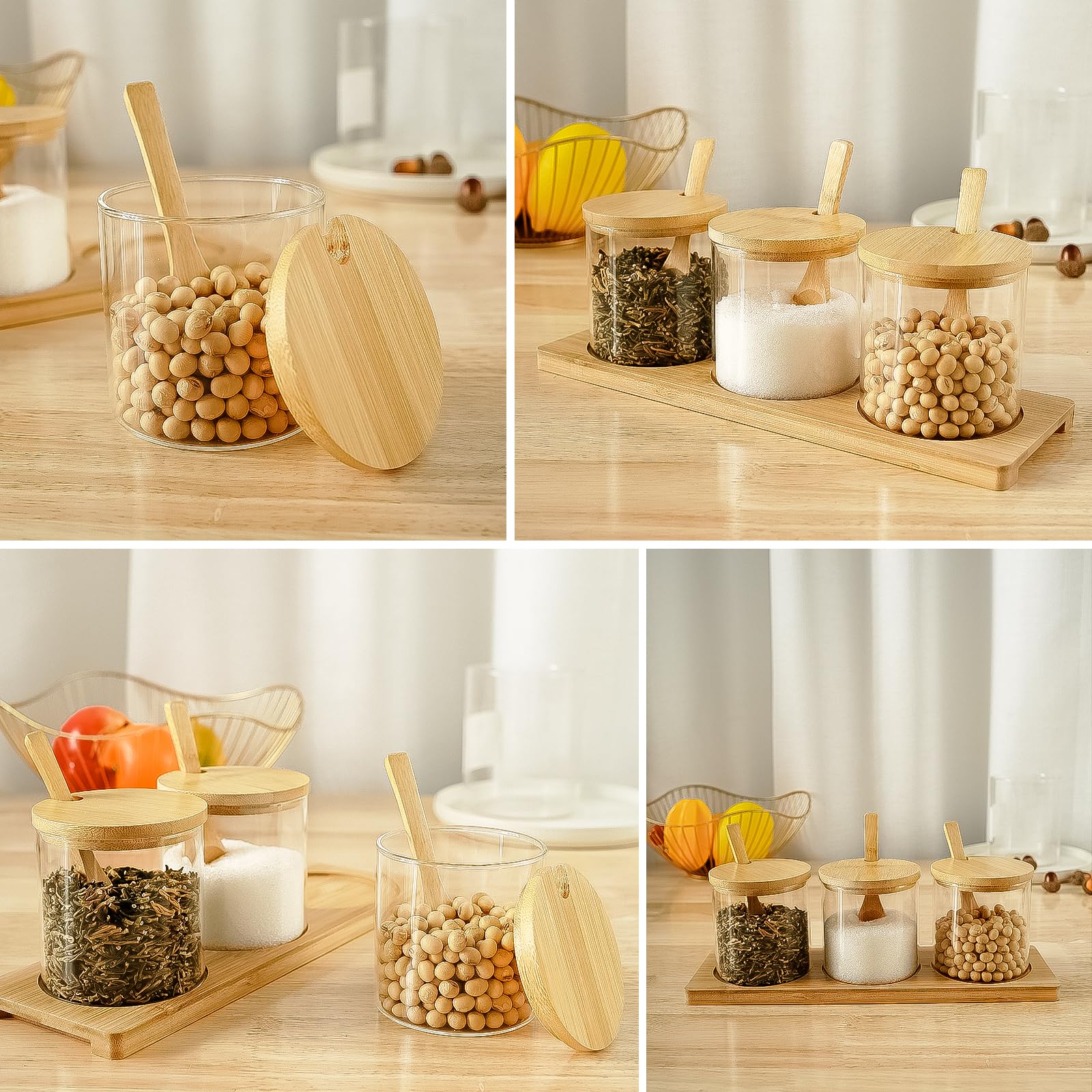 Juego de 3 tarros de condimentos de vidrio transparente con tapas, cucharas y bandeja de bambú, contenedor de especias a prueba de polvo, recipiente multiusos para condimentos para sal, azúcar