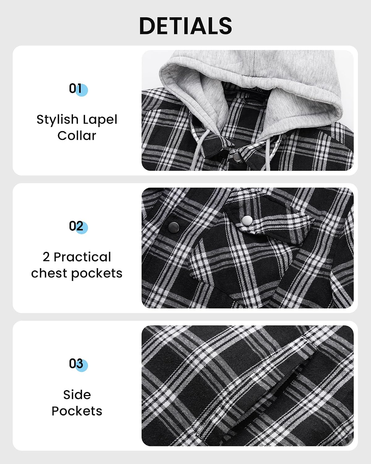 WULFUL Men's Cotton Plaid Shirts Jacket Fleece Lined Flannel Shirts with Hood