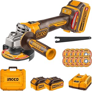 INGCO 20V Cordless Angle Grinder 115mm, 1000W, Brushless Motor, 3 Varibale Speed 3000/6000/ 9000RPM with 2Pcs 4.0Ah Battery, 1Pcs Charger for Cutting, Grinding, Polishing and Sharpening CAGLI271532