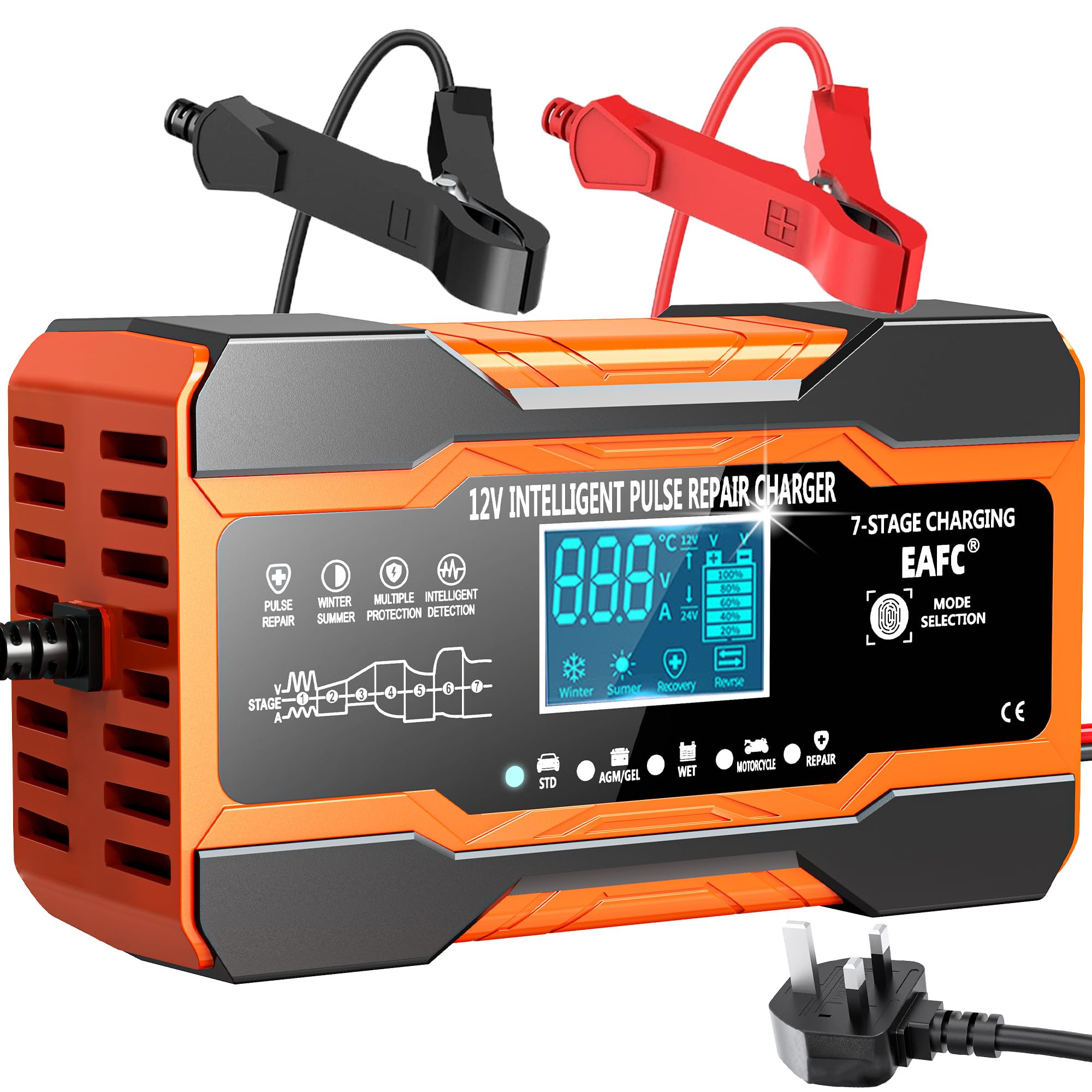 EAFC Caricabatterie per auto da 12 V 12 A e mantenitore della batteria, caricatore automatico a 7 stadi con modalità di riparazione, display LCD e compensazione della temperatura per batterie AGM, GEL