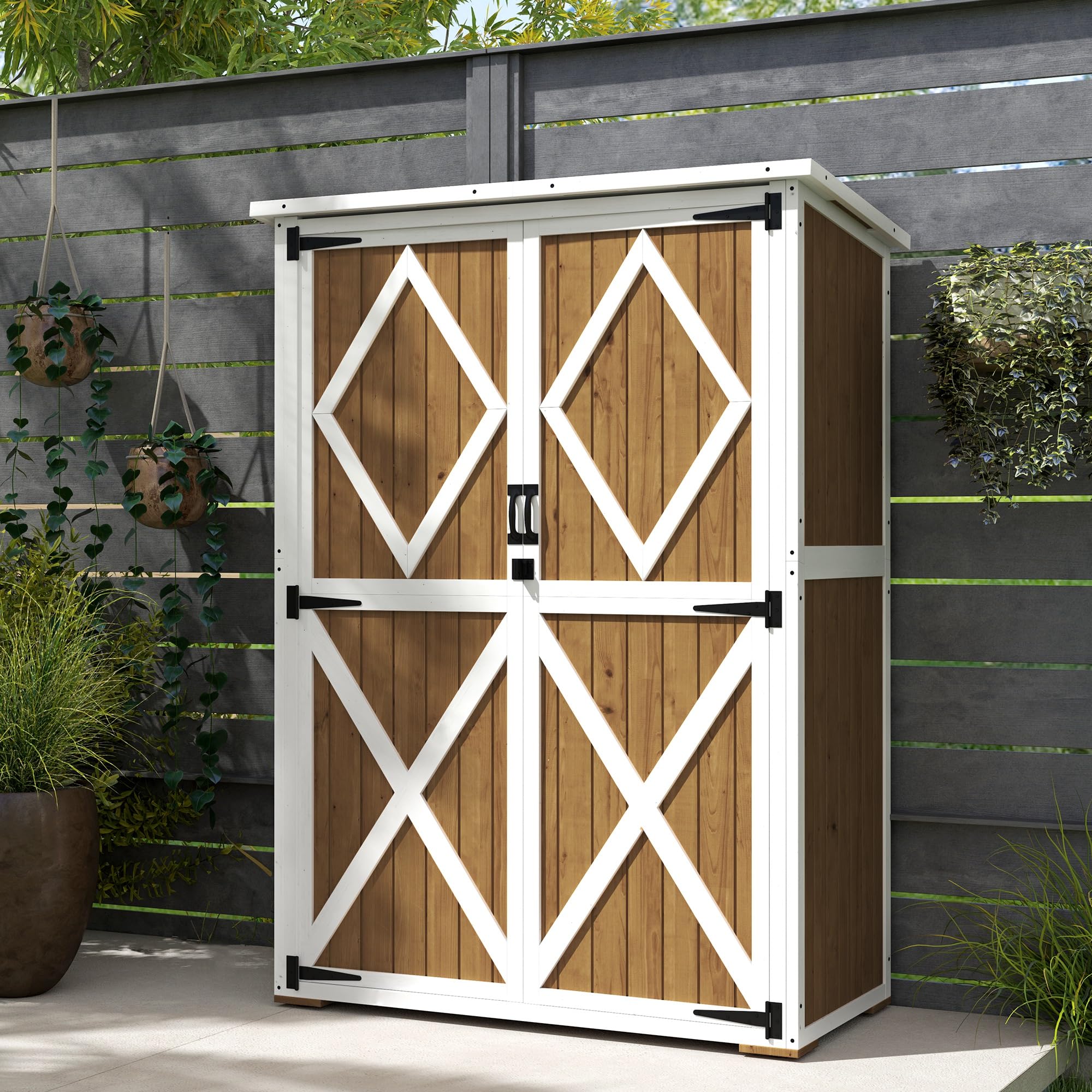 Outsunny Casetta da Giardino 0.55 m² con 2 Ripiani, 2 Porte con Serratura e Piedi Regolabili, Casetta Attrezzi Giardino in Legno di Abete e Tetto in Bitume, 116.5x57x159/167 cm, Marrone e Bianco