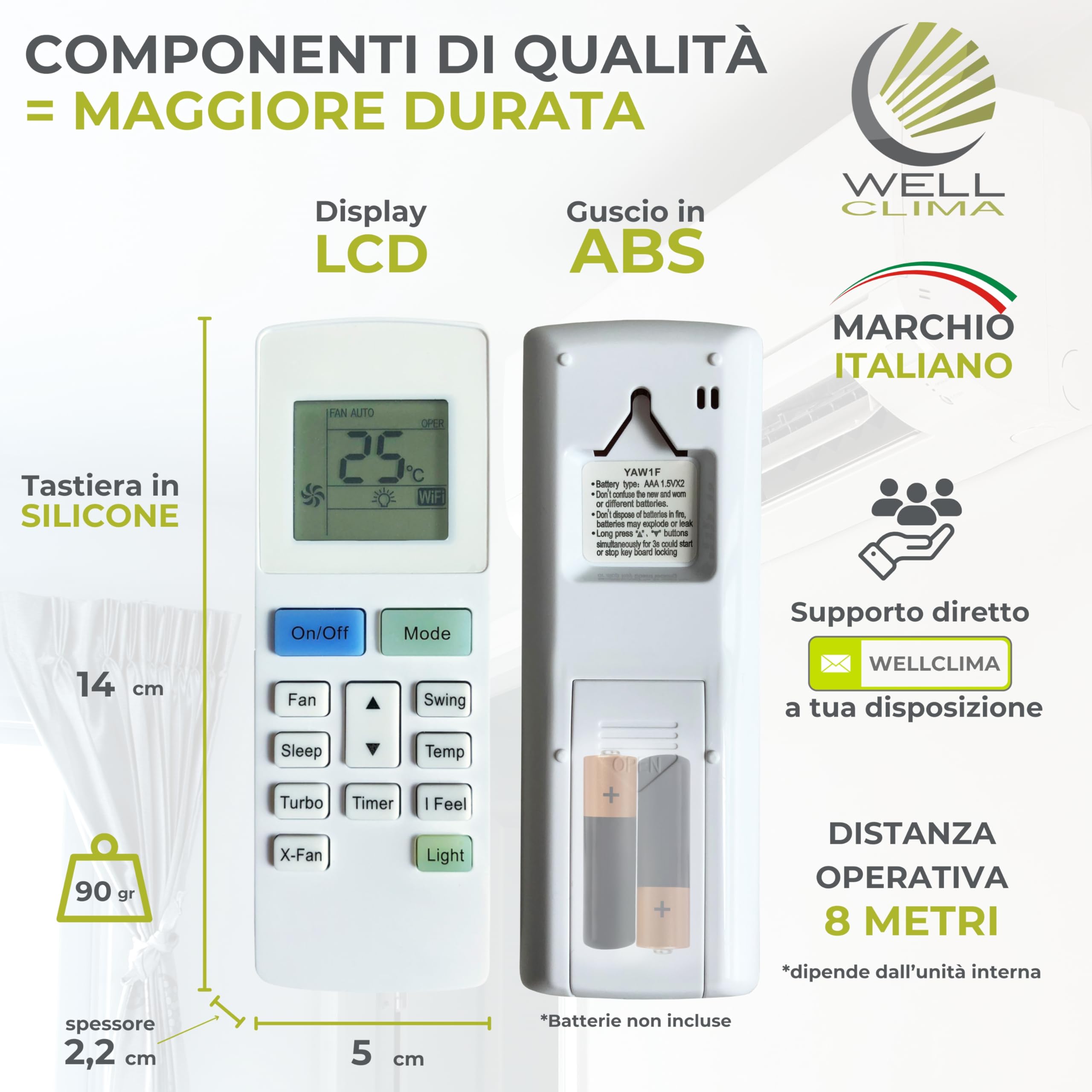 Wellclima Telecomando condizionatore YAW1F – Pronto all’uso, sostituisce solo modelli uguali di forma e codice– Per Gree, per Argo, per Viessmann, per Storm, per Montana, per Daitsu