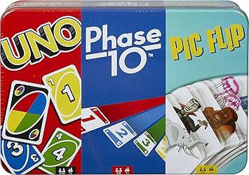 Mattel Games UNO, Phase 10 and Pic Flip Bundle, 3 Mattel Card Games in Decorative Storage Tin, For Kid, Family & Adult Game Night, 7 Years & Up