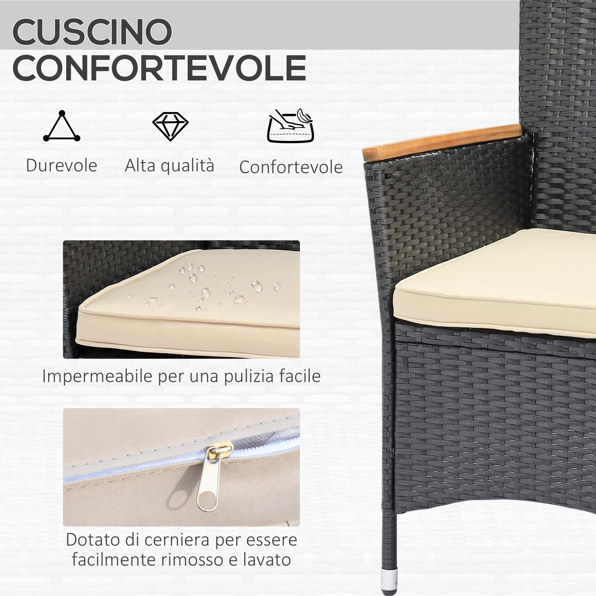 Outsunny Set Tavolo e Sedie da Giardino 7 Pezzi in PE Rattan e Legno, Mobili da Esterni con Cuscini Morbidi, Nero