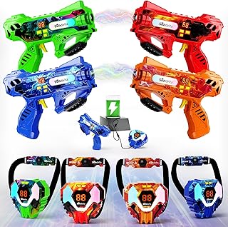 Rechargeable Laser Tag Guns Set of 4 with 360°Sensors & LED Display Real-Time Hit Feedback, Front Vest & Back Target Full-Body Game for Kids Ages 8-12, Teens and Adults - Indoor/Outdoor Party Toys