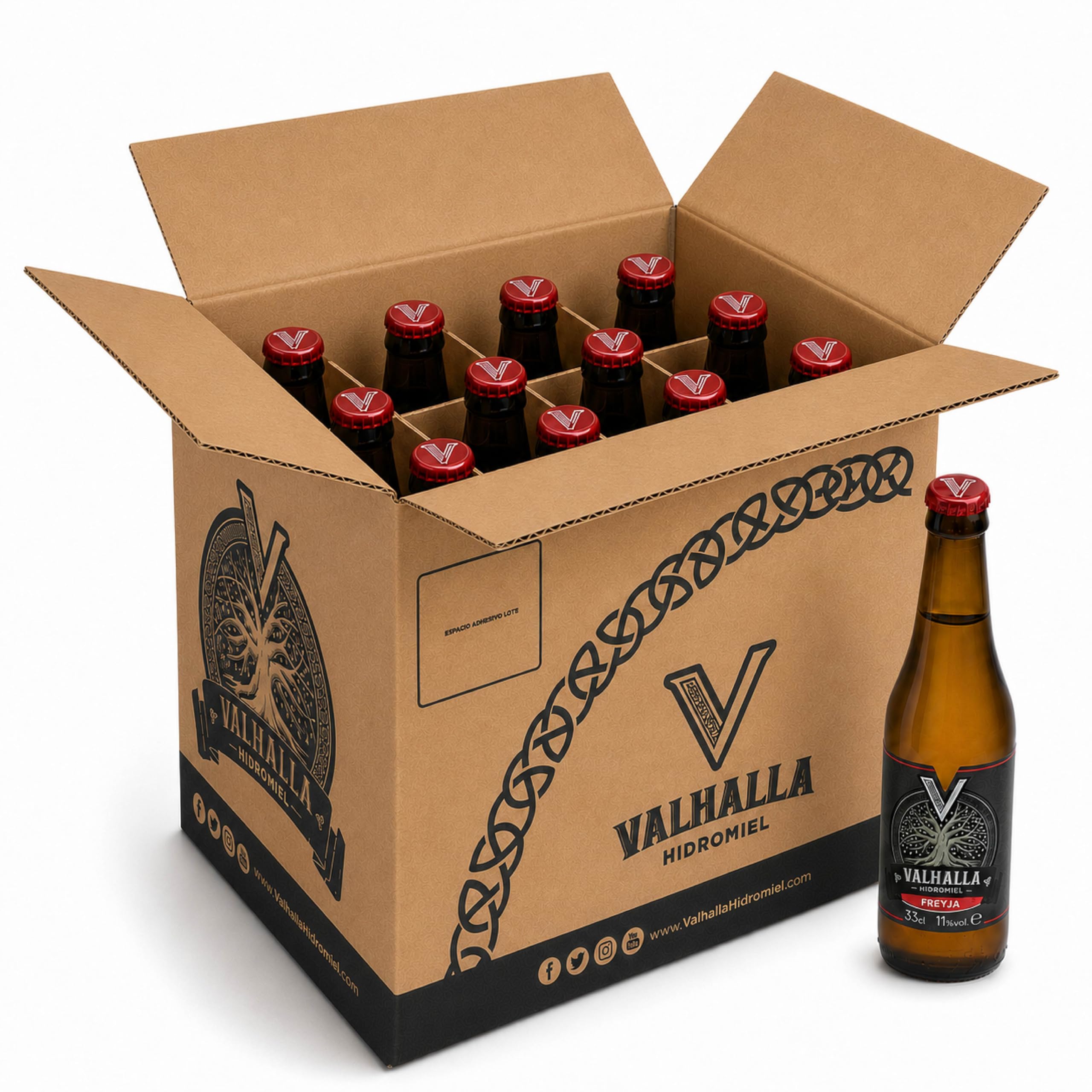 Valhalla Hidromiel Freyja | Cerveza Artesanal Estilo Metheglin Semi Dulce | Bebida Natural con Frutos Rojos del Bosque y Miel | Caja 12 Botellines 33cl | Sin Gluten ni Sulfitos | 11% Grados Alcohol)