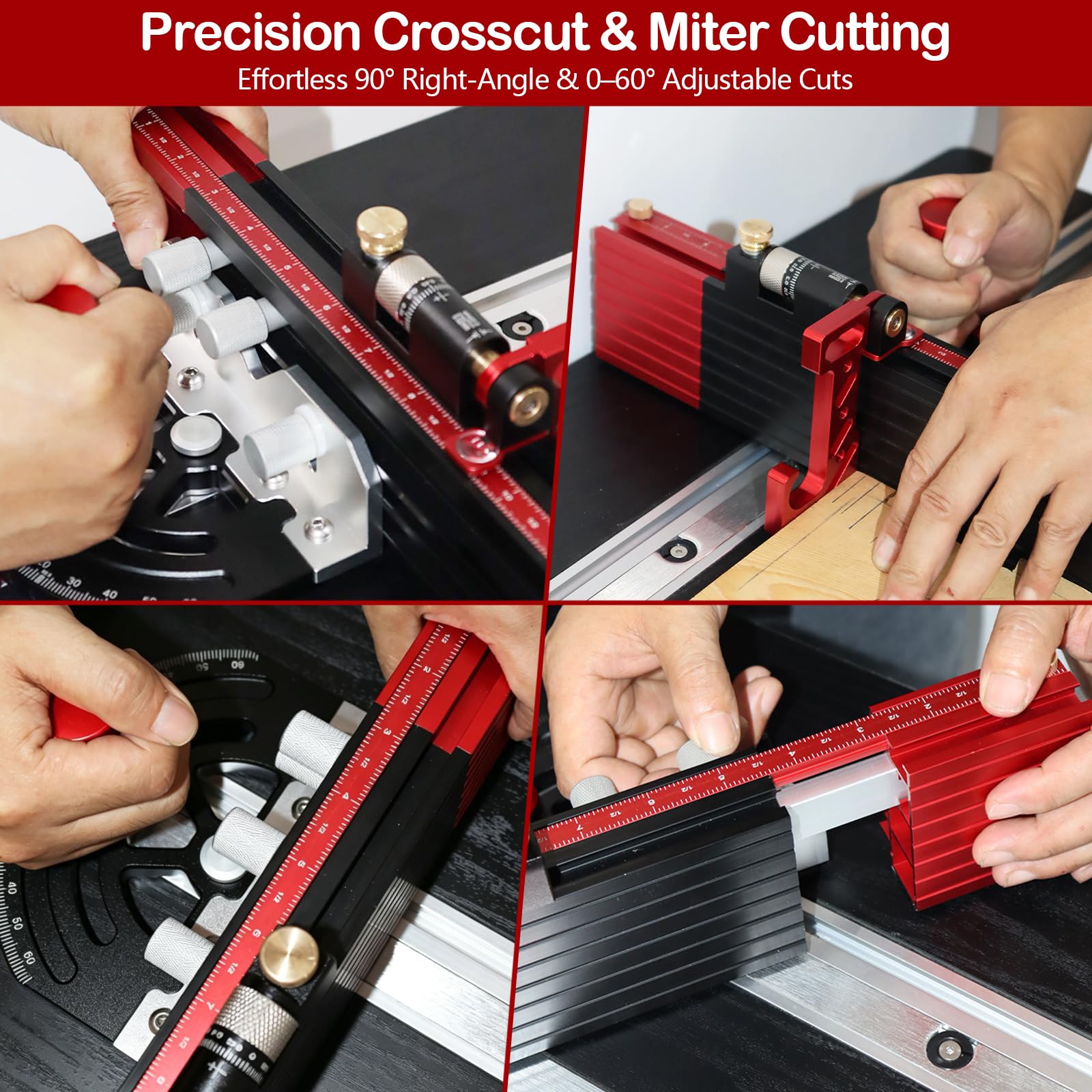 Guide d’onglet pour scie sur table, réglable de -60° à +60°, avec micro-ajustement & butée rapide, butée télescopique extensible jusqu’à 89 cm, compatible rainure en T 3/8" x 3/4" pour scie sur table
