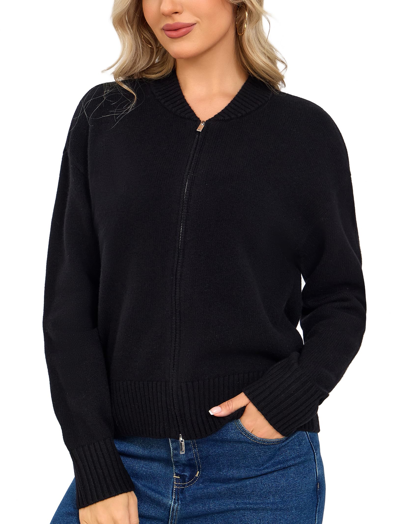 Zip Up Sweater for Women - 100 Merino Wool Cardigan 2-Way Hidden Knit Open Front Jacket with Baseball