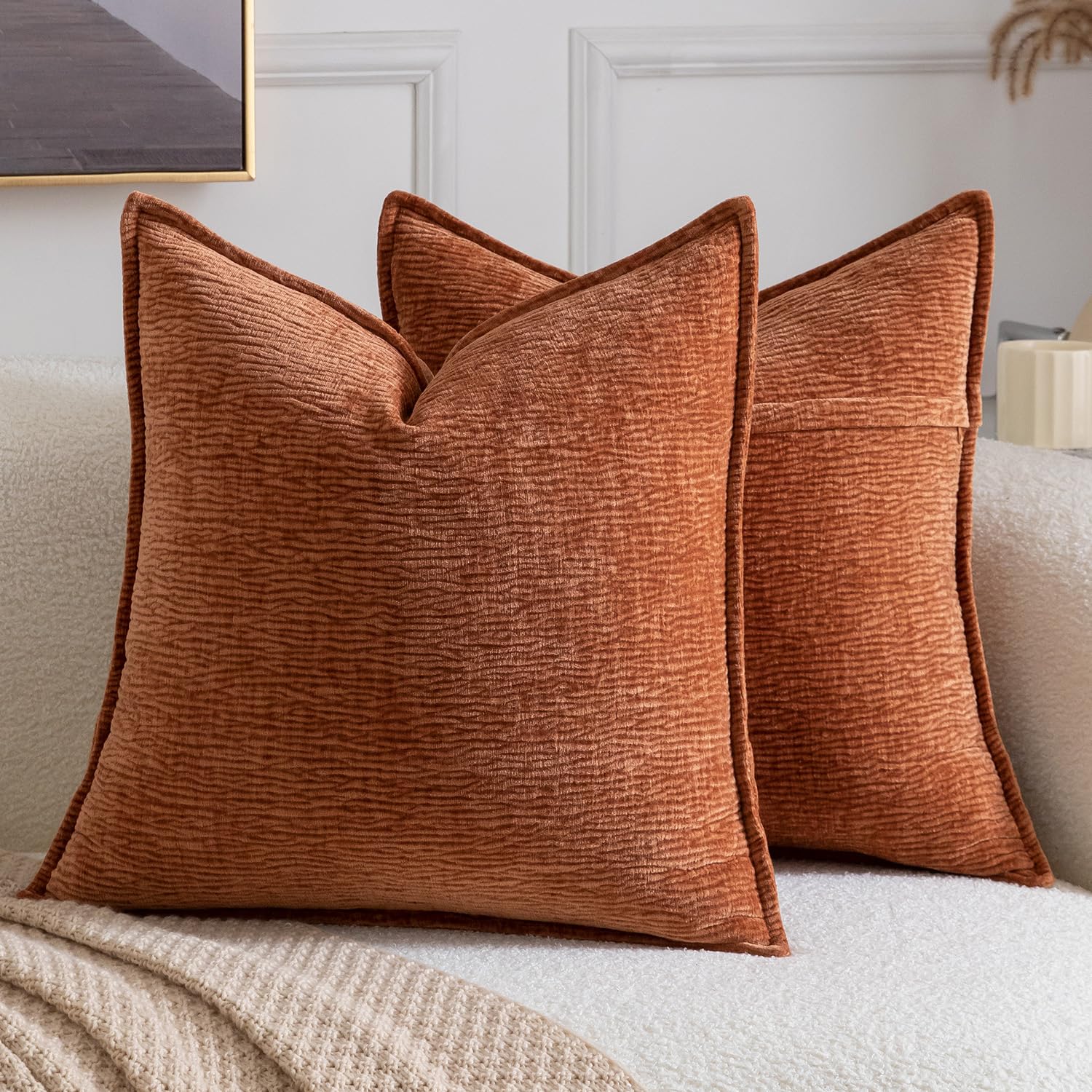 Madizz Pack of 2 Decorative Cushion Covers Soft Chenille Throw Pillows Solid Textured Throw Pillow Covers for Couch Sofa Bedroom Living Room 50x50 CM, Rust โ image 1