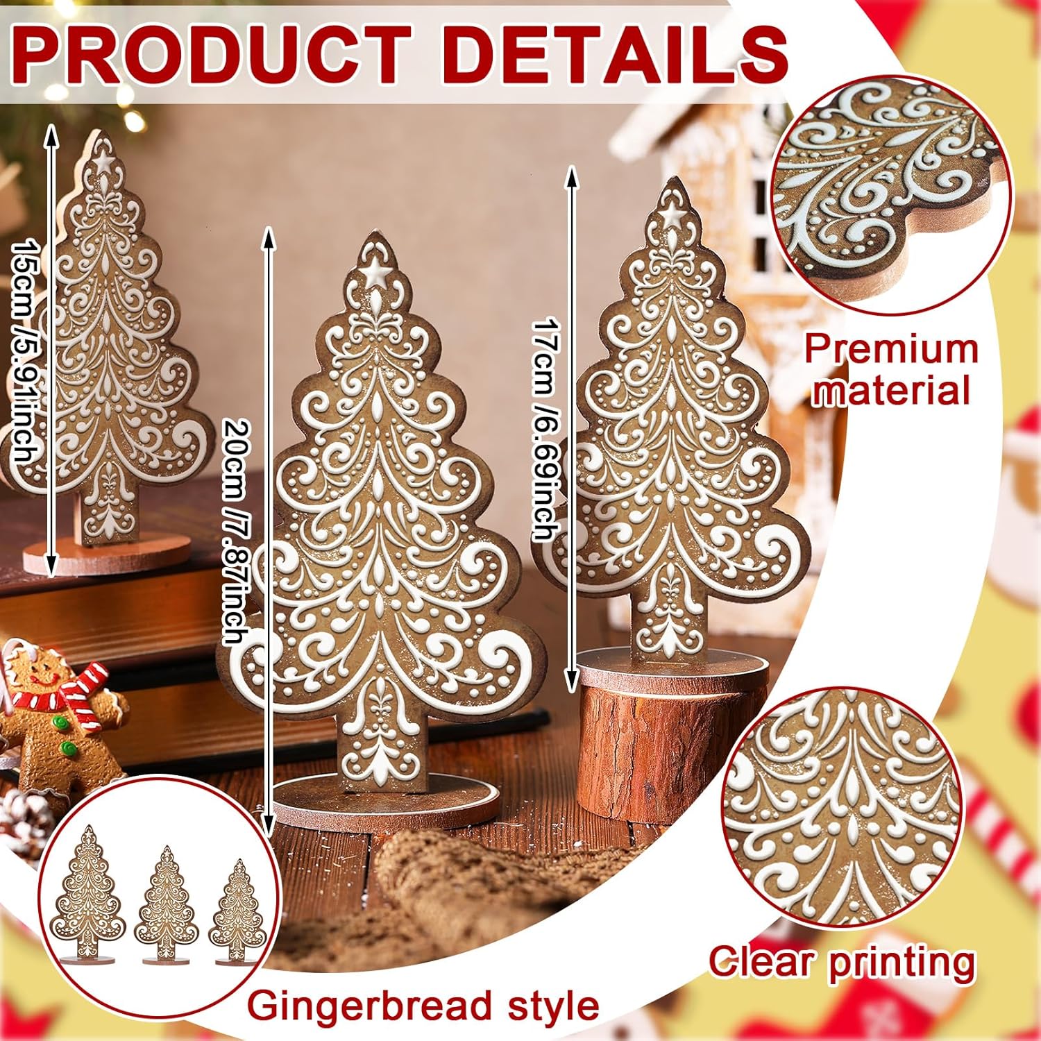 3 Pcs Gingerbread Christmas Tree Decorations Village Wooden Collectible Figurines Christmas Tabletop Decoration with Base for Xmas Home Table Centerpiece Mantel Shelf Office Decor - Image 2