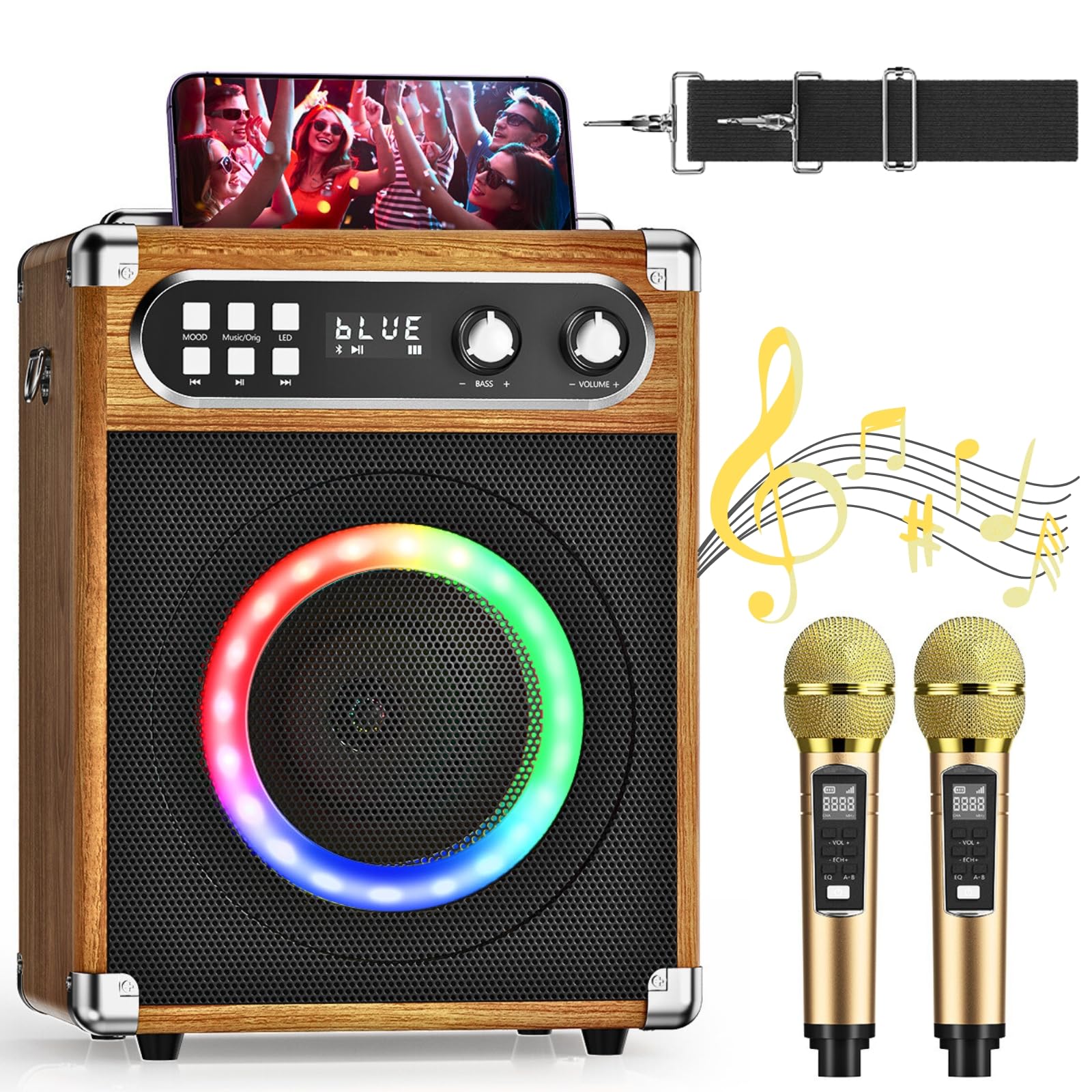 Machine de karaoké Portable, karaoké Professionnel avec 2 Microphones sans Fil UHF, système PA avec Lampe DJ, idéal pour karaoké Familial, fêtes de Chant, fêtes, Mariages (Bois)