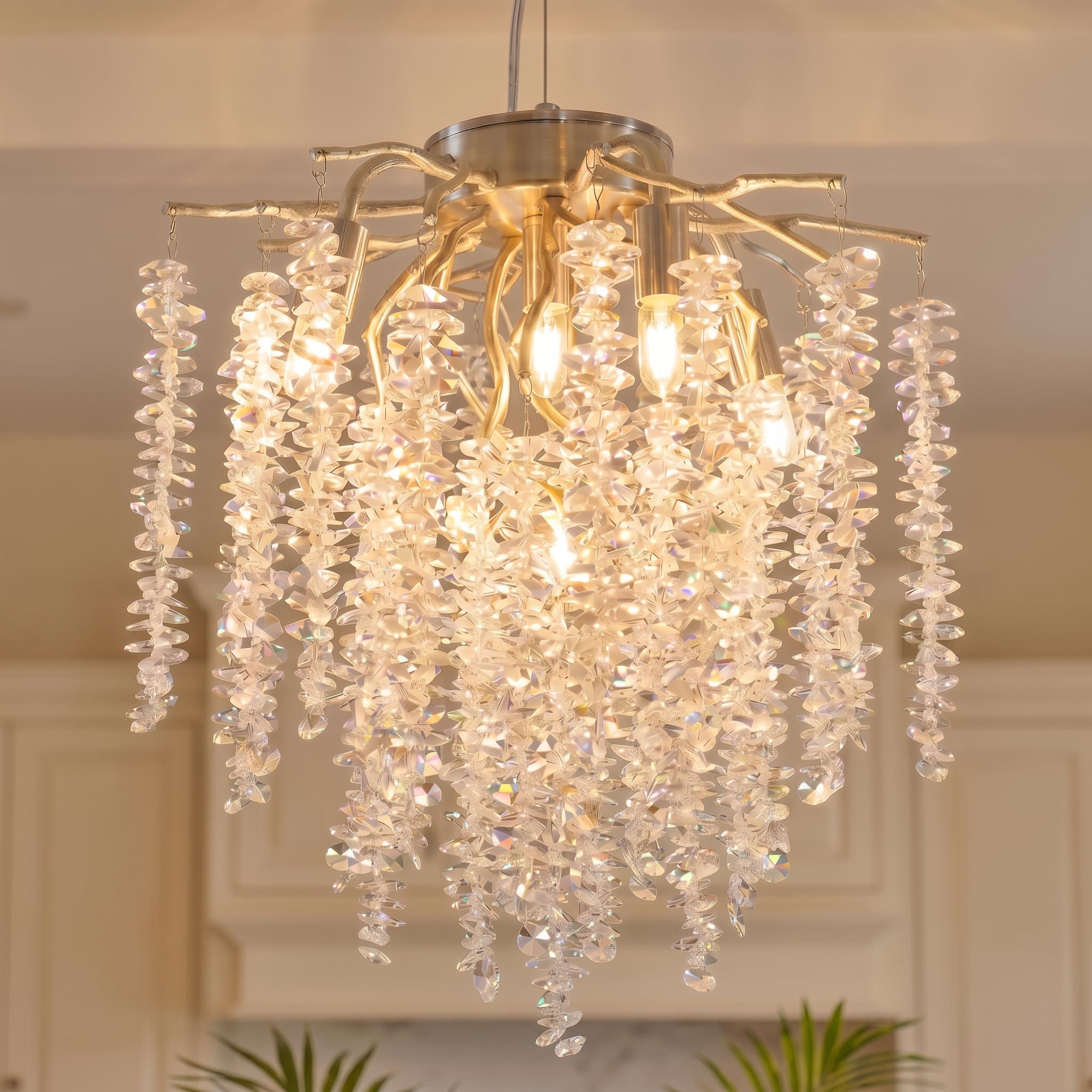 MSSIAN Silver Classic Crystal Chandelier for Bedroom Kitchen Island Modern Silver Tree Branches Chandeliers K9 Crystal Chandelier Ceiling Light,5-Light E14 Pendant for Dining Room Living RoomW30CM