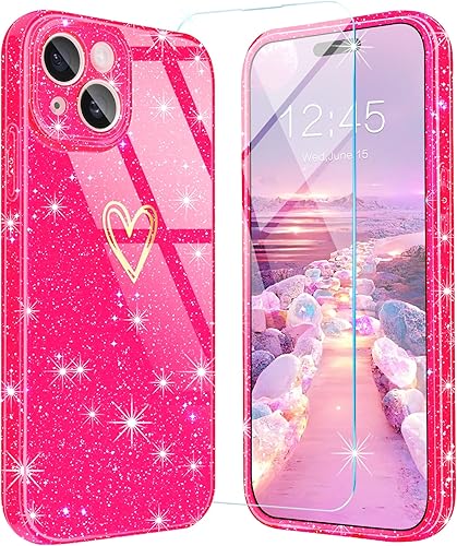 Funda para iPhone 15, con 1 protector de pantalla de vidrio templado purpurina transparente Bonita funda brillante para teléfono a prueba de golpes,