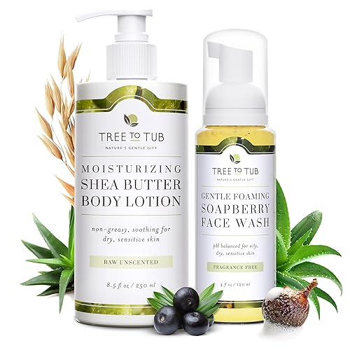 Tree to Tub Loción corporal de manteca de karité sin perfume para piel seca y piel sensible, lavado facial para piel seca, loción para piel sensible