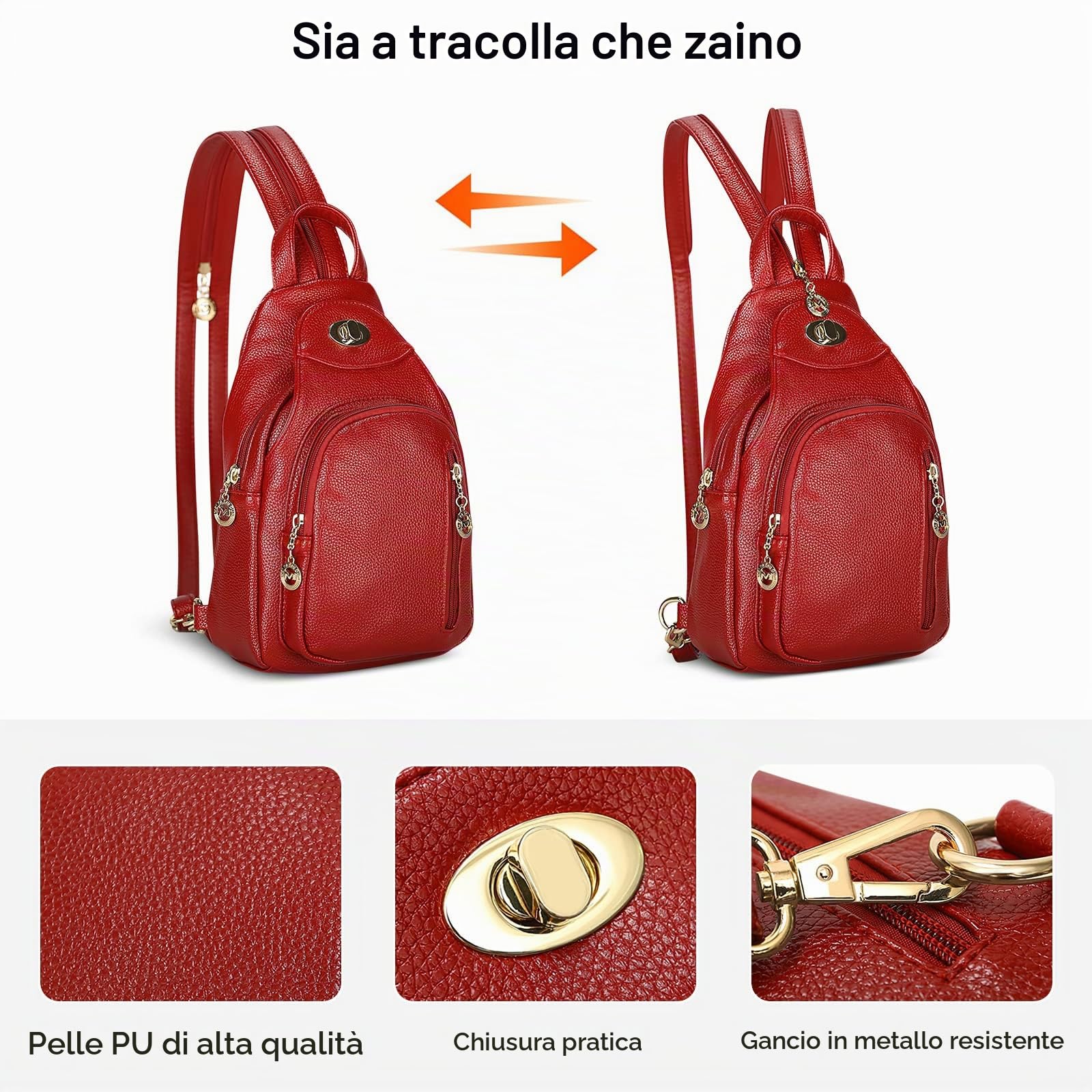 DIRRONA Zaino da Donna in PU Pelle - Borsa da Petto Antifurto, Borse a Tracolla per Viaggio, Università, Scuola e Lavoro - Moda Casuale