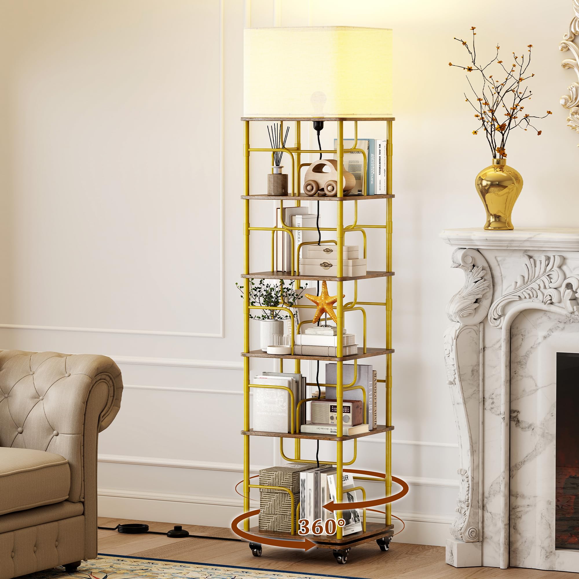 Quikraen LED Floor Lamp with Rotating Bookshelf, 360° Swivel 5-Tier Bookcase with Lockable Wheels, Wooden Standing Storage Shelf for Living Room Bedroom Home Office, 3 Colour Temperature Lighting