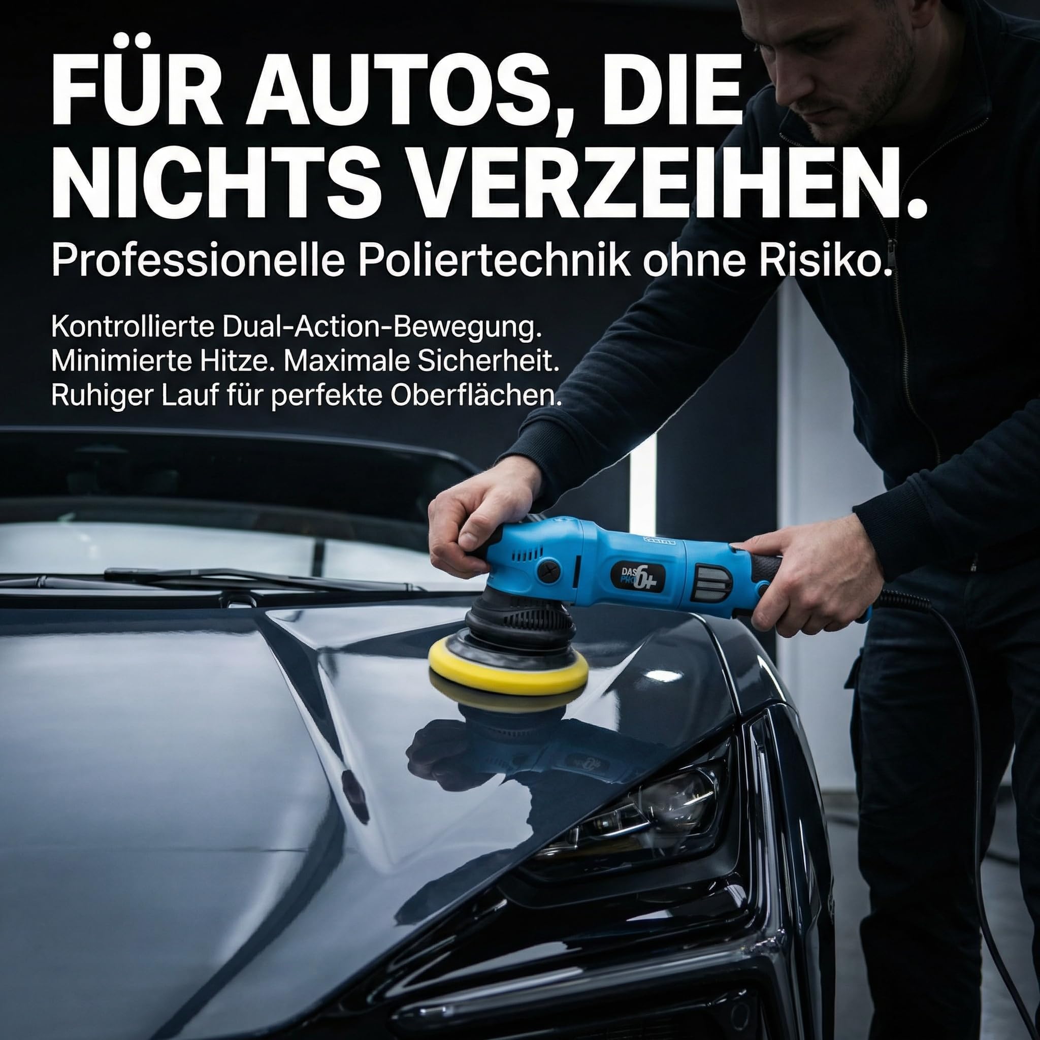 PRO Plus Poliermaschine Auto 1000 W – Exzenterpolierer Dual Action, 15 mm Hub, 6 Geschwindigkeiten, für 14 cm/16,5 cm Pads, Set mit Zubehör