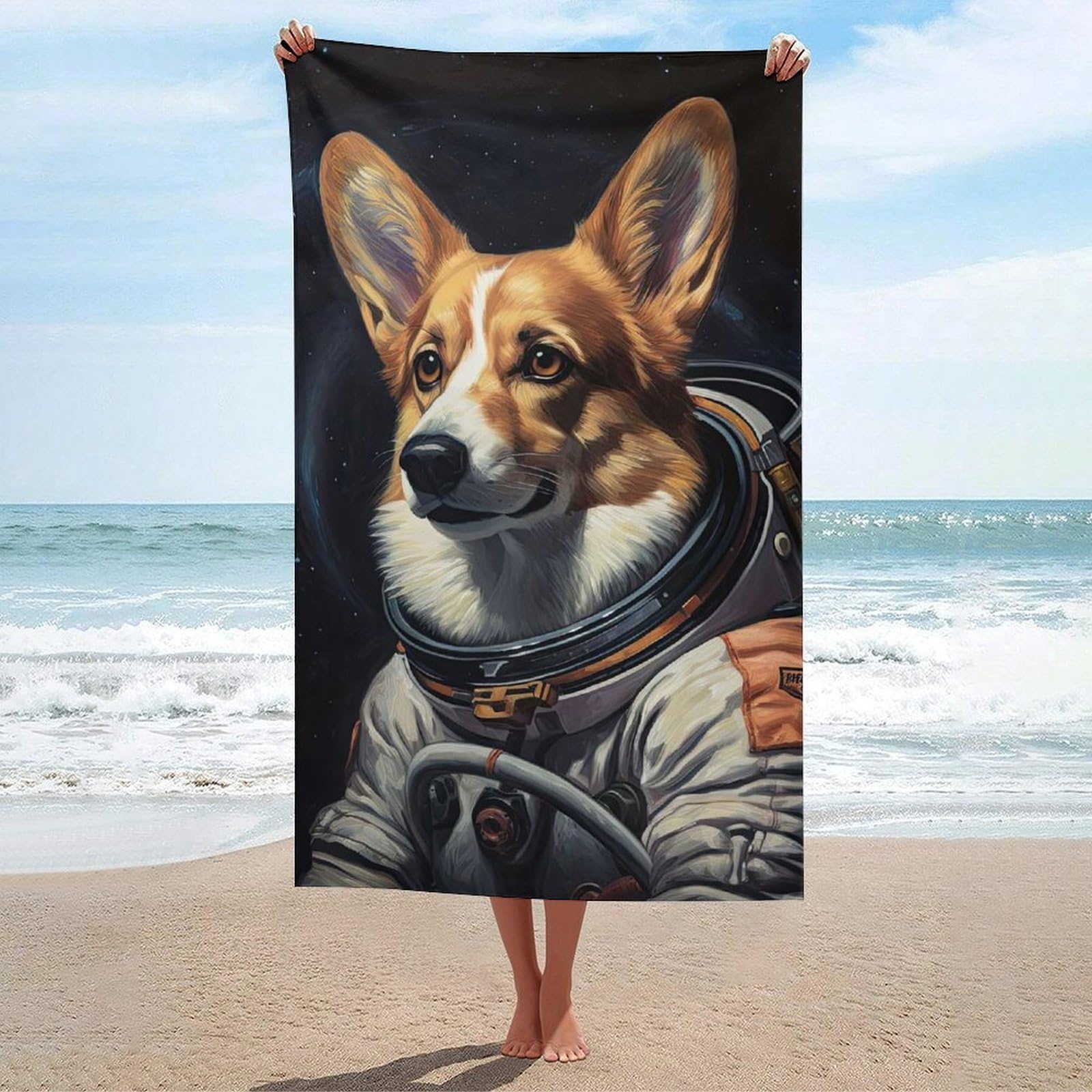 Serviette de plage Corgi astronaute microfibre 130x80 cm séchage rapide