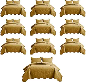 IR Imperial Rooms 10 Pack Queen Quilt Bedding Set (90" x 96") - Bulk Wholesale for Hotels, Guest Bedroom & Airbnbs - Lightweight Microfiber Reversible Floral Embossed Quilts Bedspreads (Ochre)