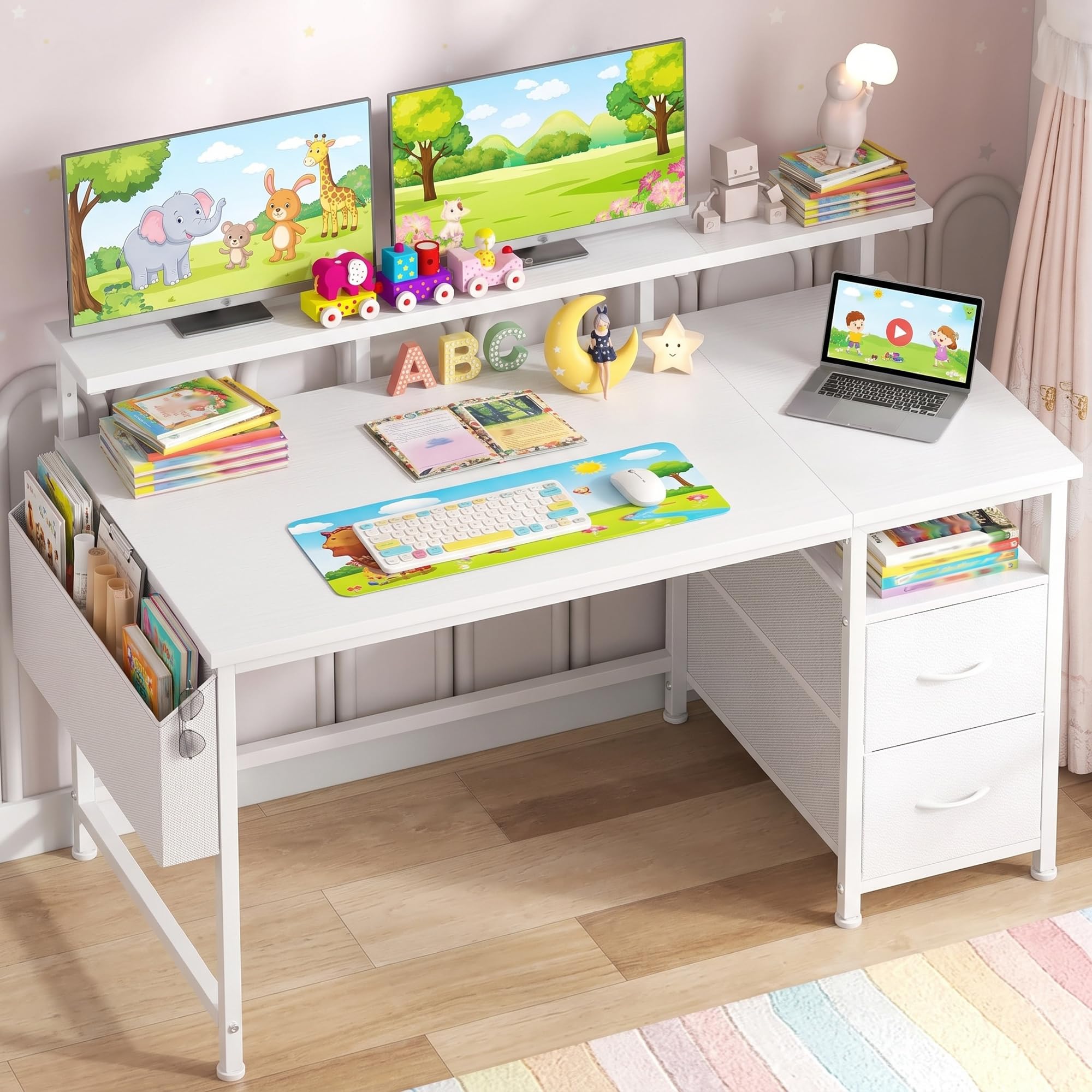 120x48 cm Rectangulaire Bureau pour Étudiant, Homeoffice,Gaming | Ergonomique Bureau avec Rangement 2 Tiroirs, 1 Rangement Suspendu, Support de moniteu, 3 Hauteur réglable, Crochet, Blanc