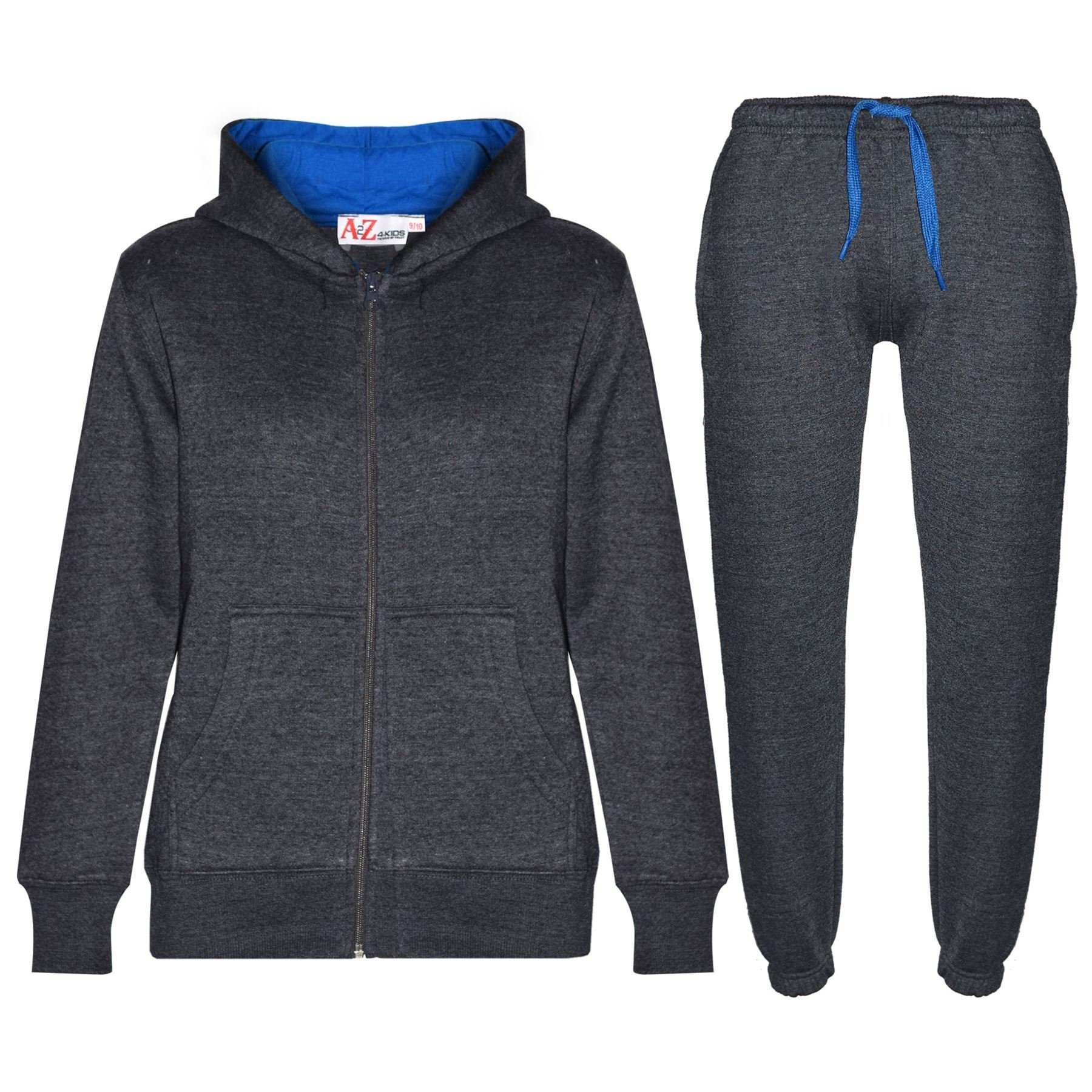 A2z 4 Kids Charcoal & Blue Plain Tracksuit Contrast - T.s Contrast Trim Charcoal Blue 9-10