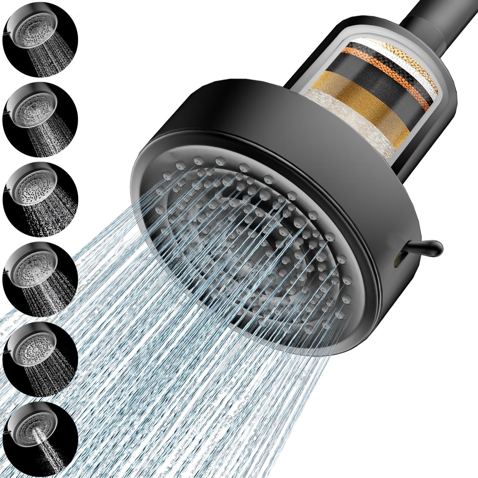 High Pressure Fixed Rainfall Shower Head with Filter,6 Mode Settings