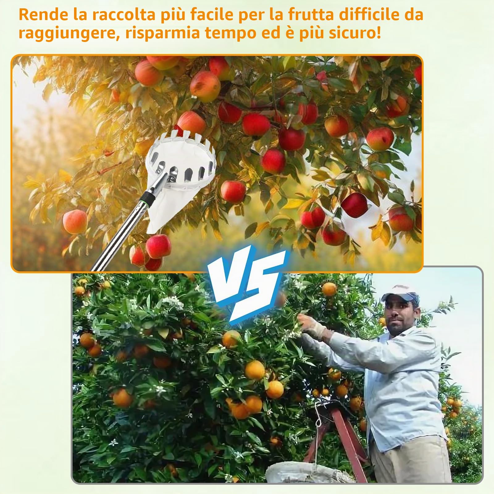 4M Raccogli Frutta Telescopico, Raccogli Cachi in Acciaio Inox e Borsa in Cotone, Regolabile Raccoglitore Mele con Manico Telescopico Lungo, Raccogli Frutta da Albero per Limoni Mele Pere Arance