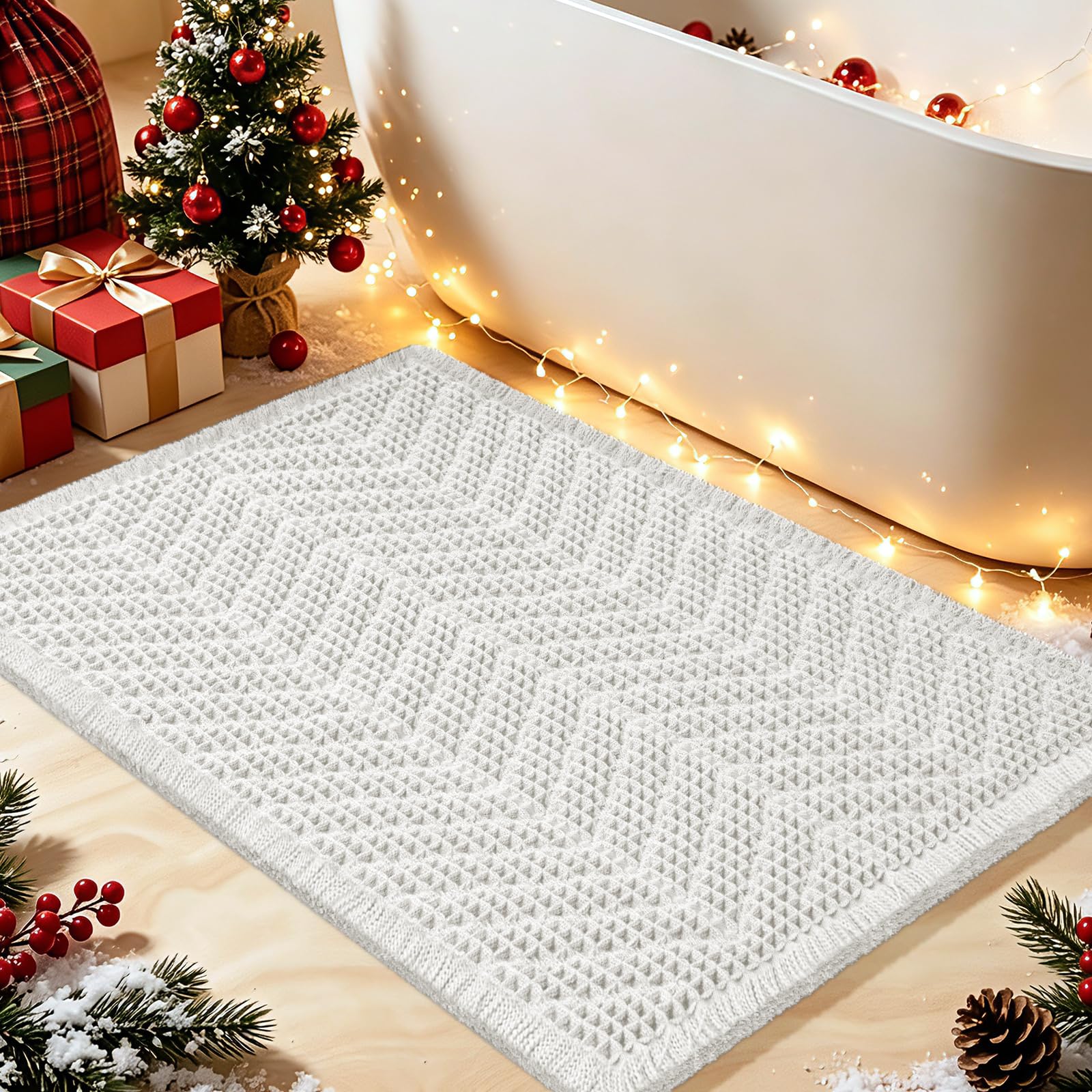 Upgrade Waffle Bath Mat, Boho Bathroom Rugs Absorbent Non Slip, Ultra Soft Bathroom Mat, Machine Washable Knit Bath Rugs with Herringbones for Bathroom, Bedroom, Kitchen, Shower, Tub, 36"x24", White