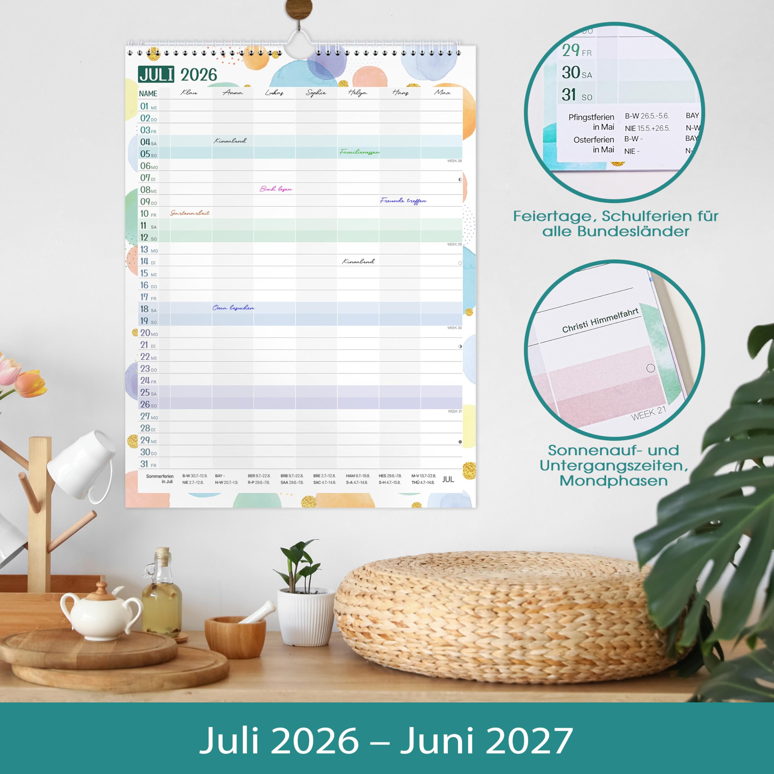Planificateur familial 2026-2027 - Calendrier familial 7 colonnes juillet 2026 à décembre 2027 - 33 x 44 cm - Bulles colorées