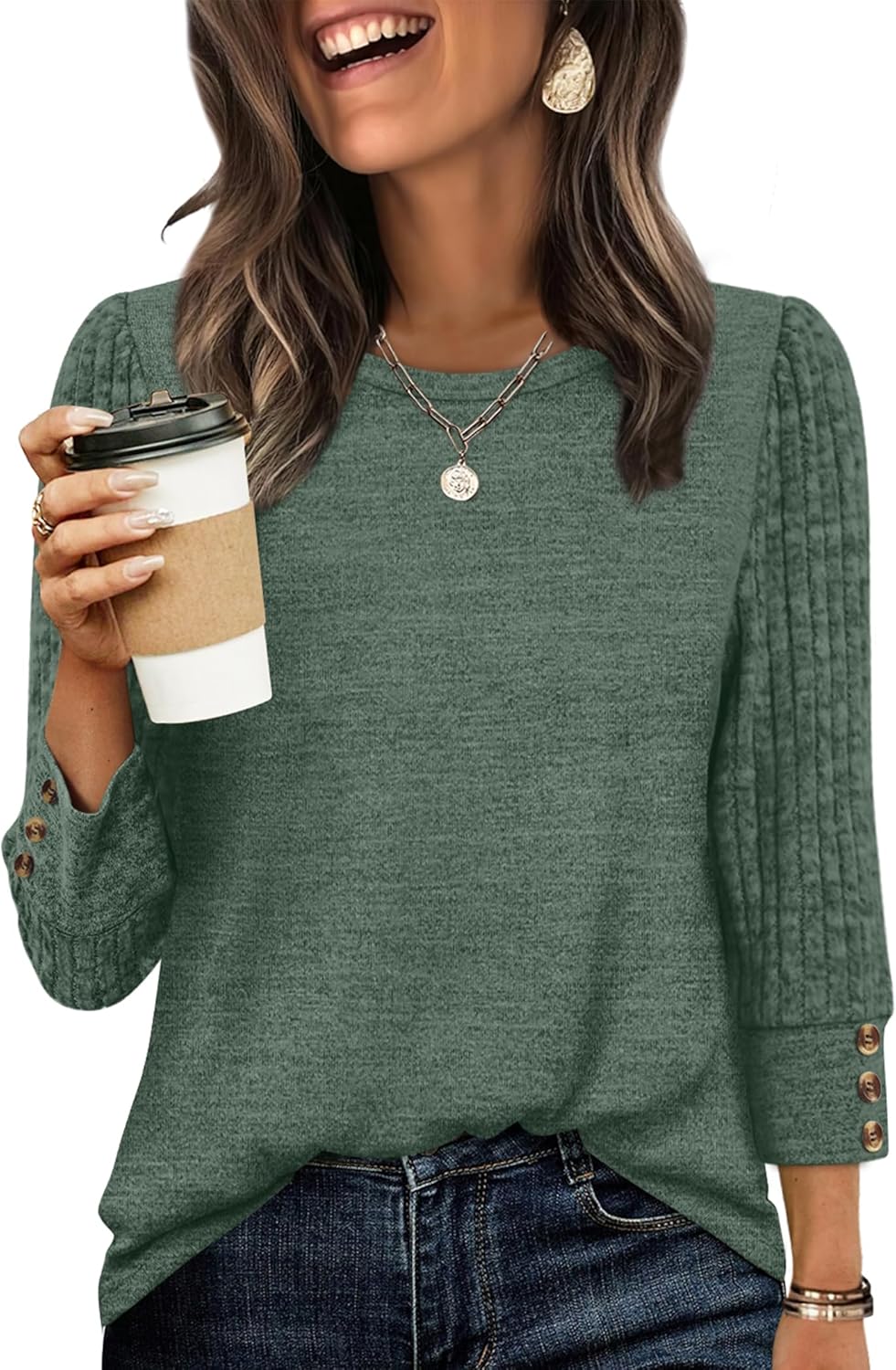 WIHOLL Long Sleeve Shirts for Women Lightweight Sweaters 3/4 Length Sleeve Fall Outfits 2025 Winter Clothing Dressy Casual