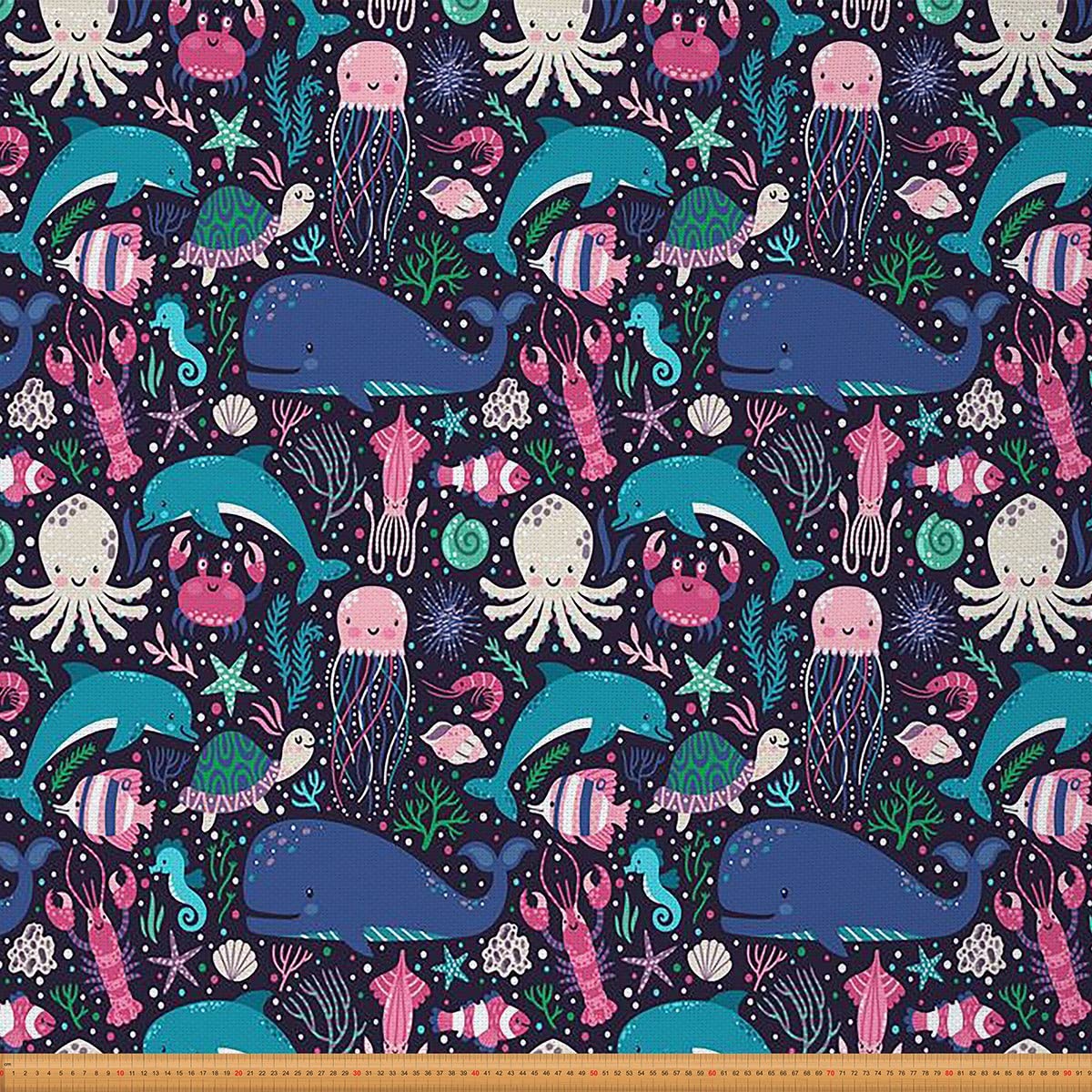 Ocean Dolphin Fabric by The Yard, Marine Animal Upholstery Fabric, Wild Whale Octopus Decorative Fabric, Fish Shrimp Sea Turtle Shell Indoor Outdoor Fabric, Waterproof Fabric, Blue Red, 3 Yards