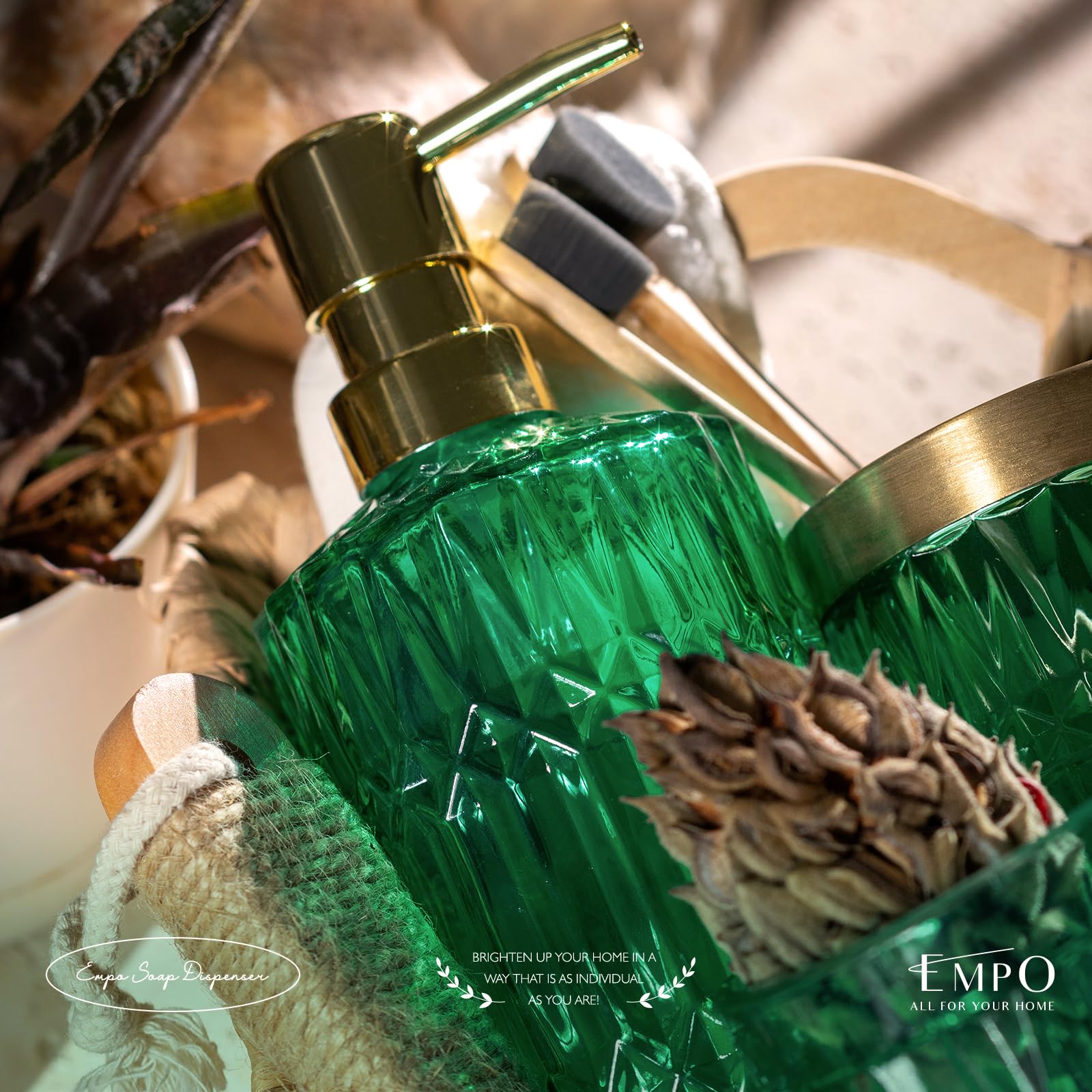 EMPO Distributeur de savon en verre transparent avec pompe en plastique ABS, distributeurs de lotion pour évier de cuisine, salle de bain (jade vintage)