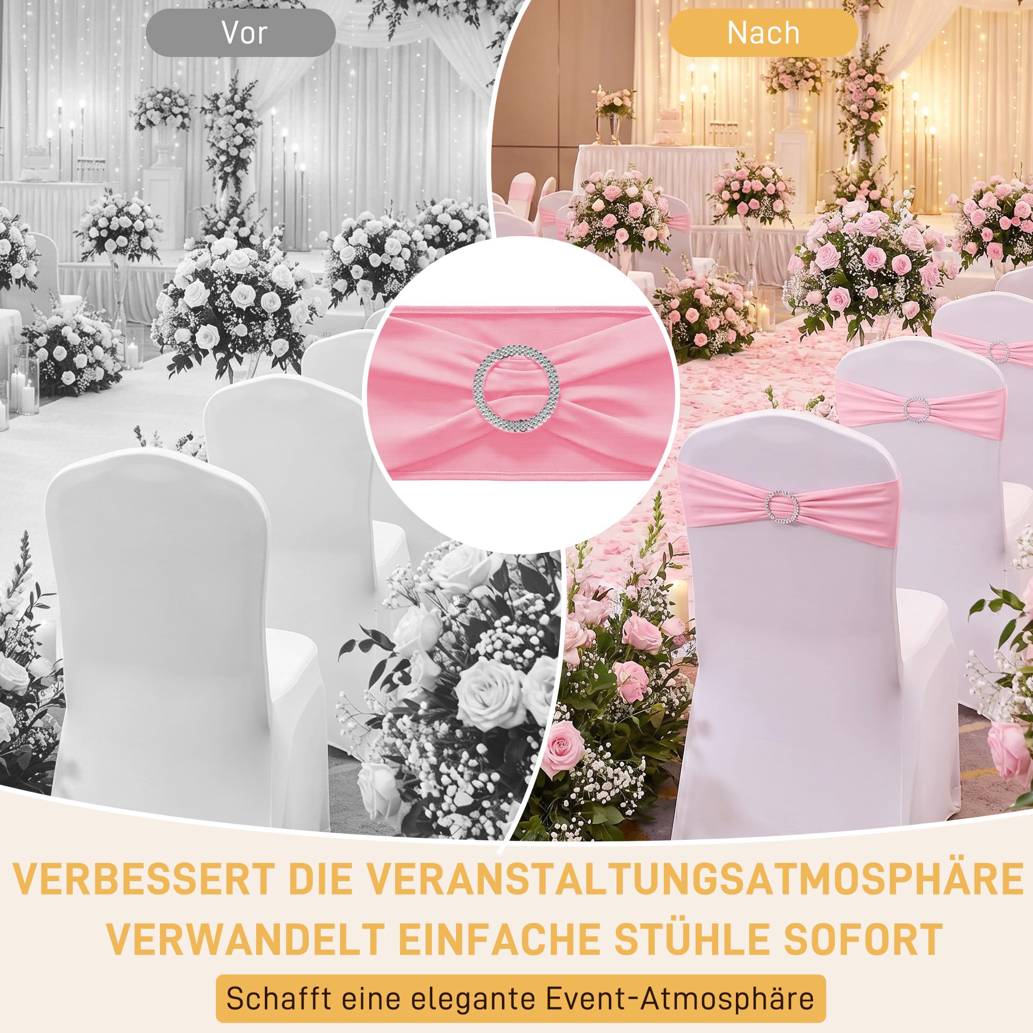 NAIZY 30 Stück Stuhlschleifen Stretch-Elastik Stuhlhussen mit Diamant Schnalle Polyester Stuhl Deko Hochzeit für Bankette, Geburtstage (Rosa)