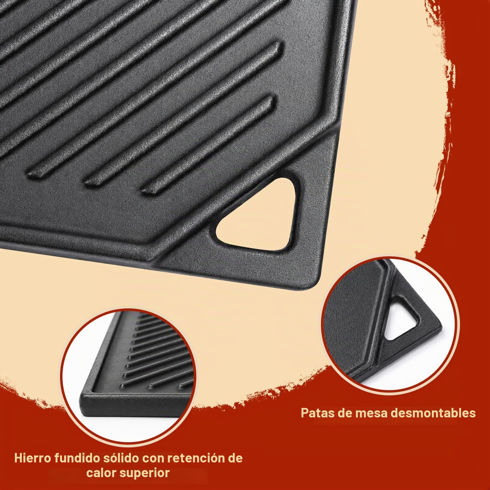 Denmay Plancha de hierro fundido 42 x 24 cm, antiadherente reversible para parrilla de gas, placa de hierro fundido para estufa de gas, horno, barbacoa al aire libre o hoguera, 1 unidad