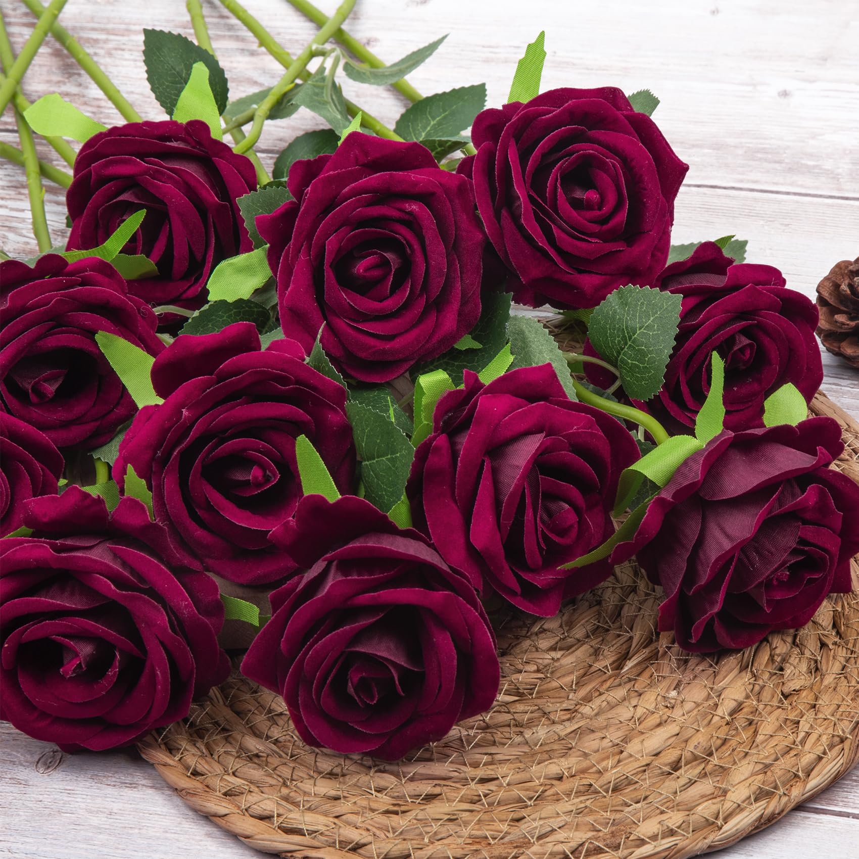 Woltoy 12 Pcs Dark Red Artificial Velvet Roses, Real Touch Fake Rose with Single Long Stem - Image 3